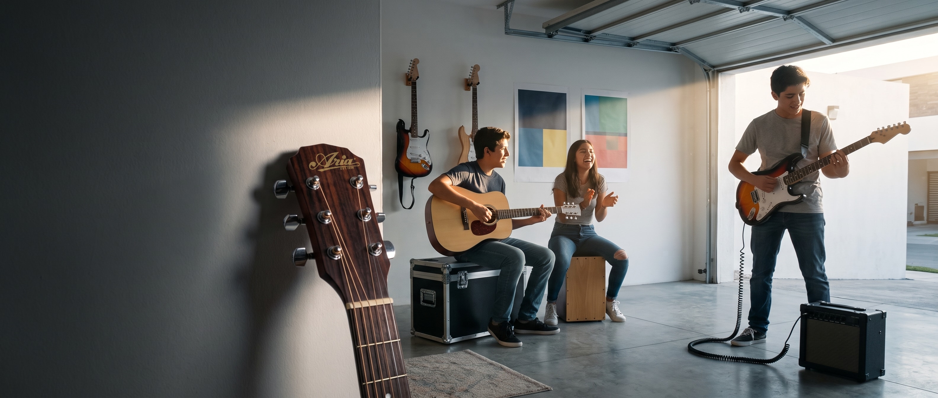Guitarras Aria acústicas y eléctricas en un ensayo de garage — distribuidor autorizado en México