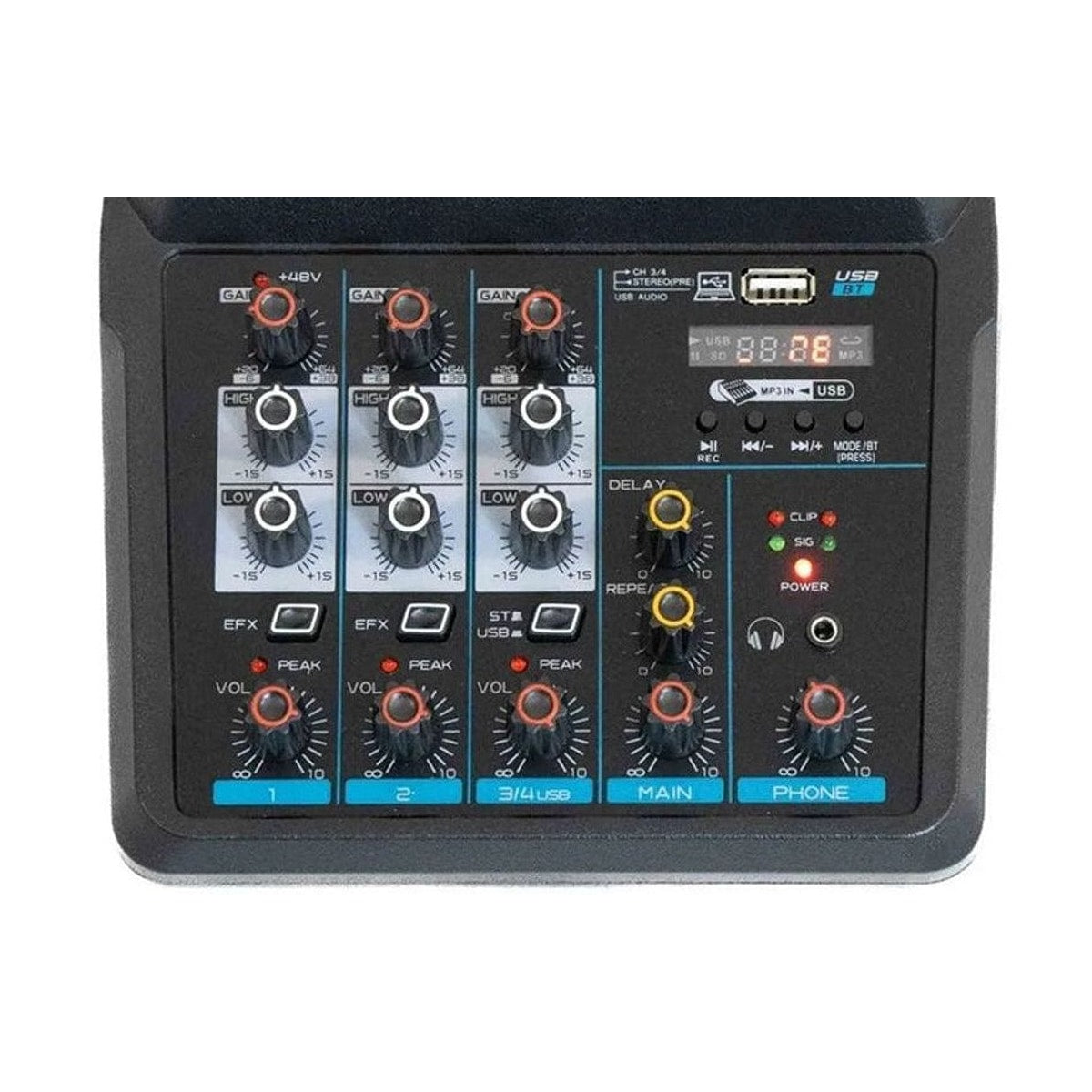 Mezcladora High Line MIXU4-USB 4 Canales detalle | Armonía Musical México