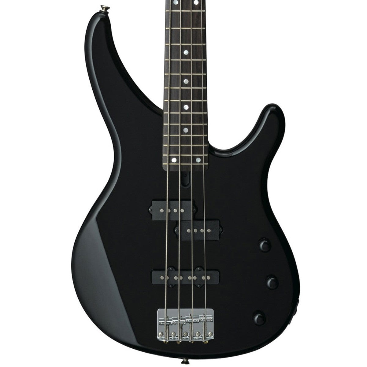 Bajo eléctrico Yamaha TRBX174 4 cuerdas pasivo negro detalle cuerpo y pastillas | Armonía Musical México