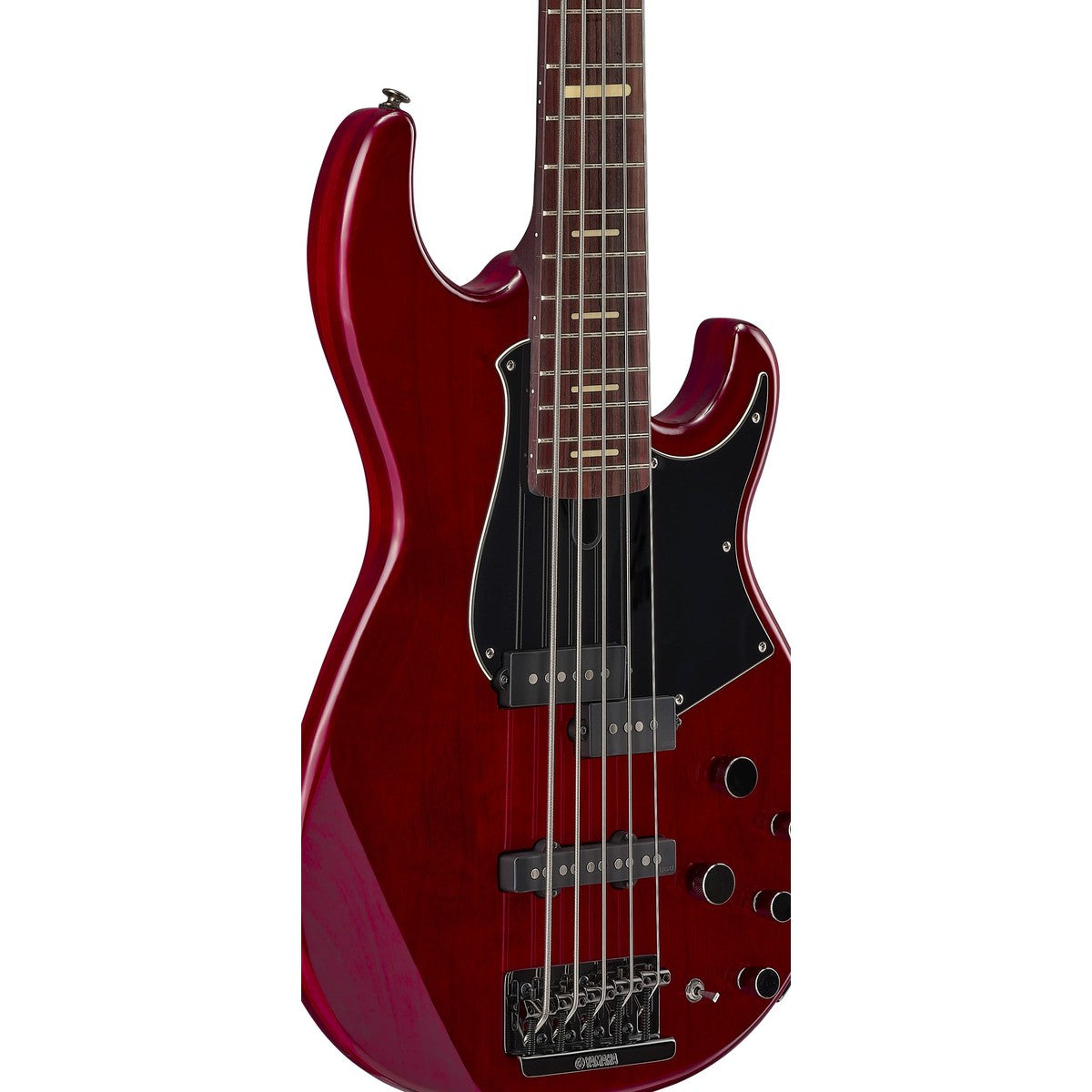 Bajo eléctrico Yamaha BB735A 5 cuerdas fired red detalle cuerpo y pastillas YGD | Armonía Musical México