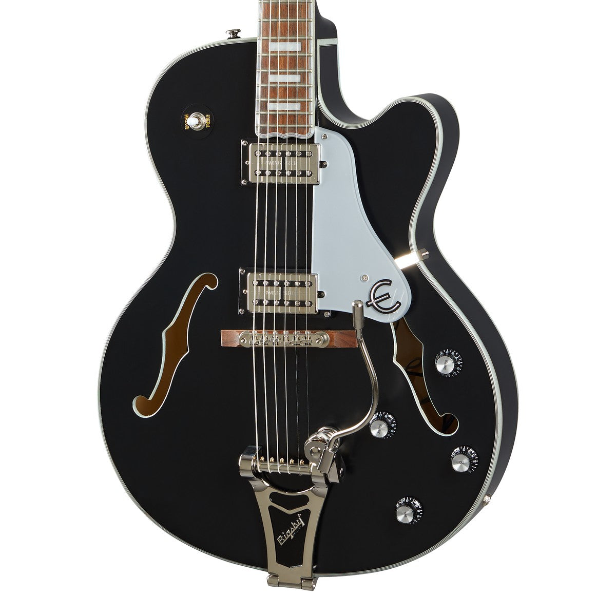 Epiphone Guitarra Electrica Epiphone Emperor Swingster Black Aged Gloss detalle tapa | Armonía Musical México