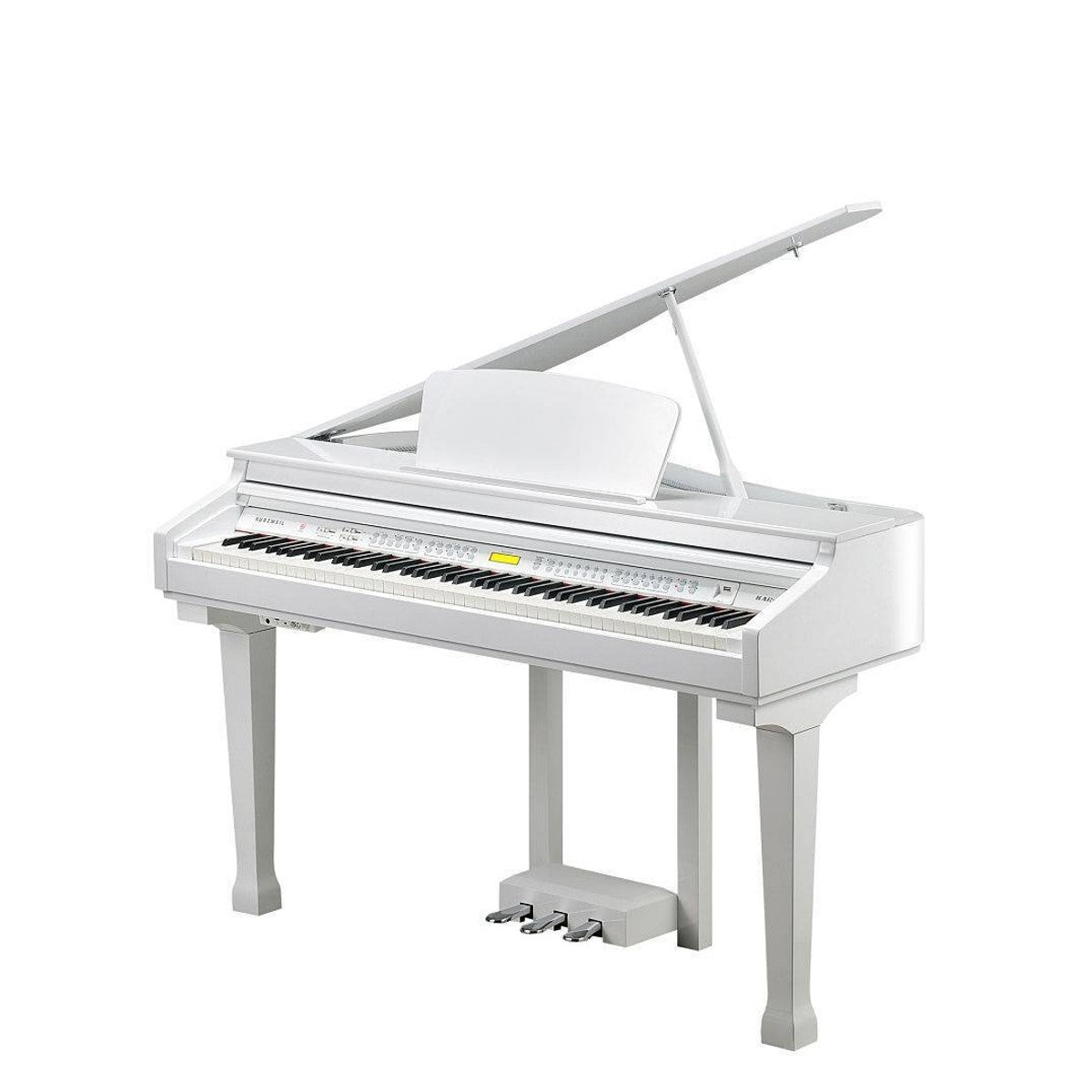 Kurzweil Piano de Cola Kurzweil KAG100 Acabado Blanco Brillante detalle cuerpo | Armonía Musical México