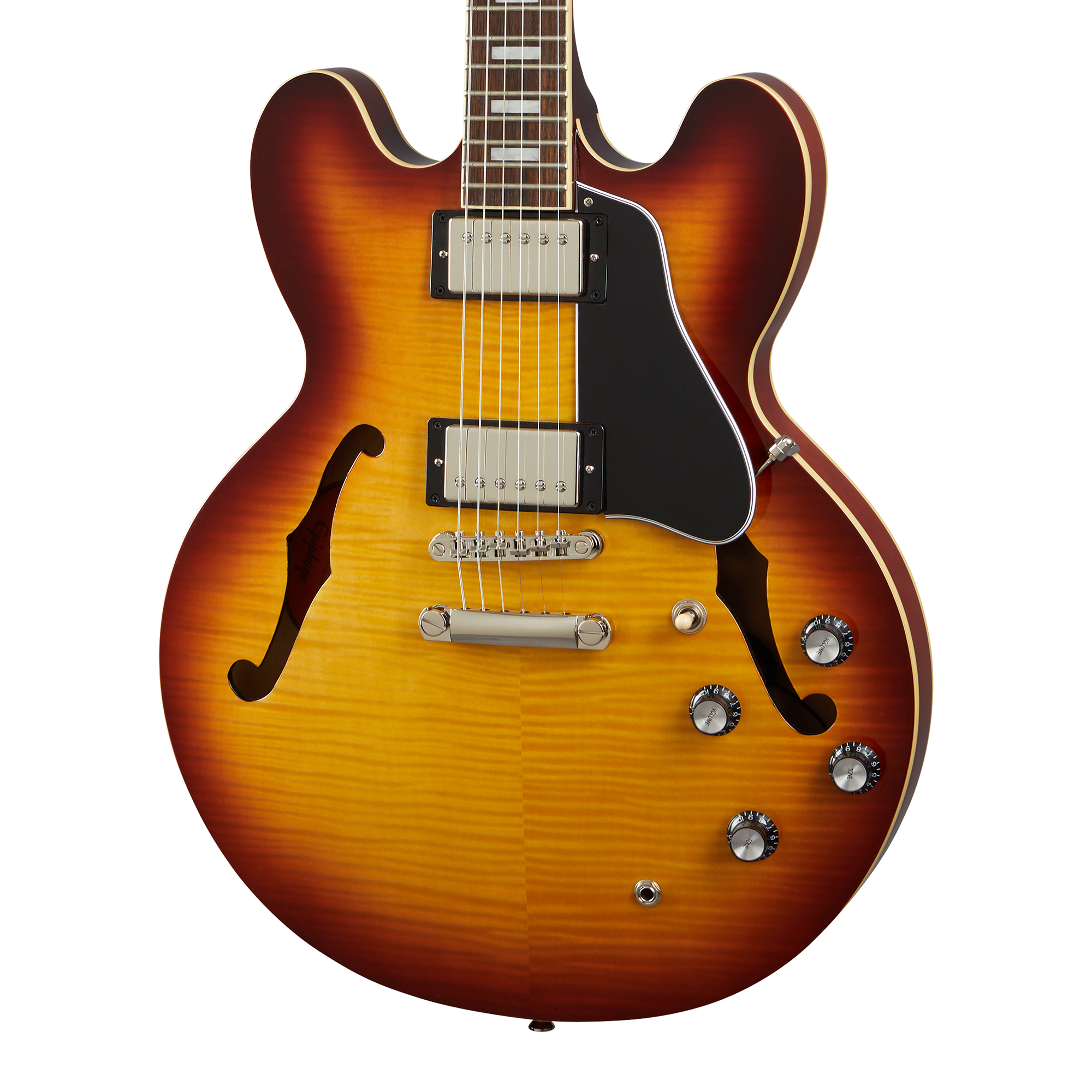Guitarra Electrica Epiphone ES-335 Figured Raspberry Tea Burst vista 6 – Guitarras Eléctricas | Armonía Musical México