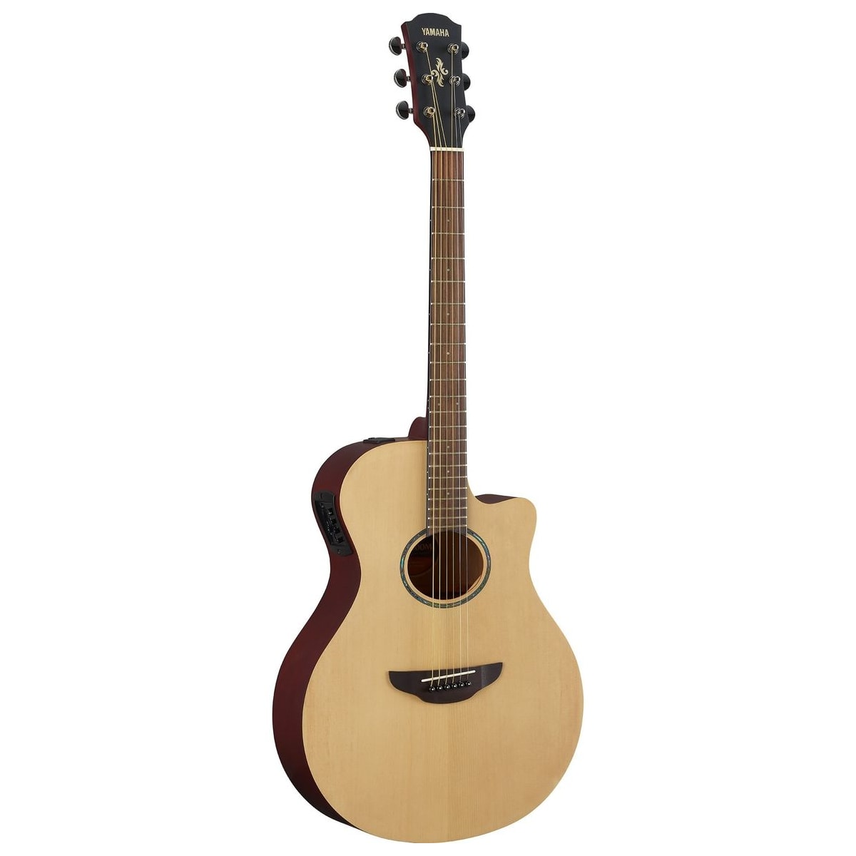 Guitarra electroacústica Yamaha APX600M Natural Satin vista en ángulo | Armonía Musical México