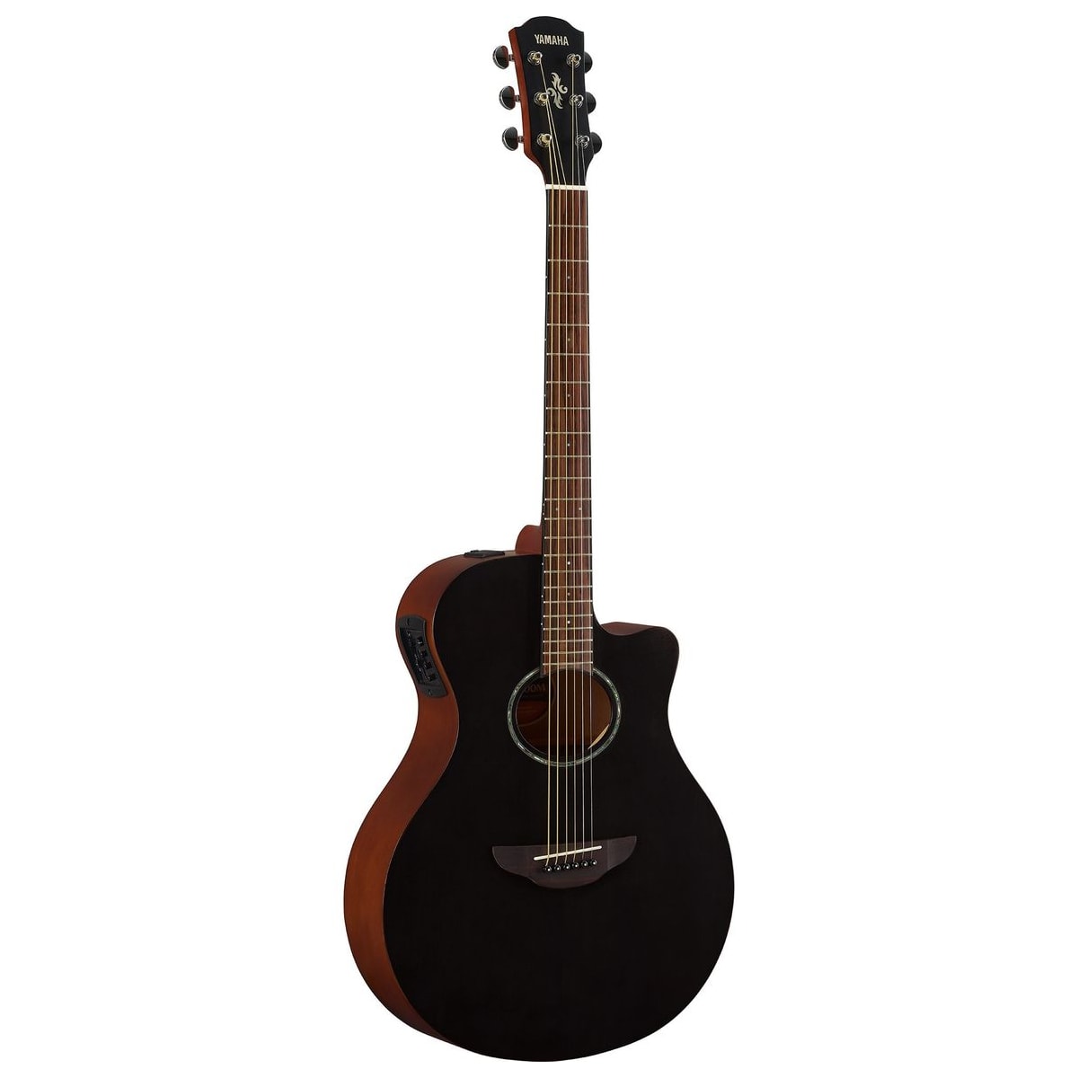 Guitarra electroacústica Yamaha APX600M Smoky Black vista en ángulo | Armonía Musical México