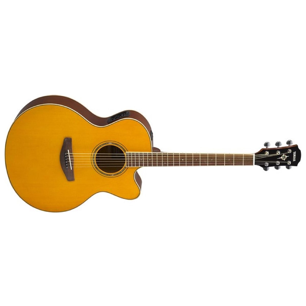 Guitarra electroacústica Yamaha CPX600 Vintage Tint vista en ángulo | Armonía Musical México