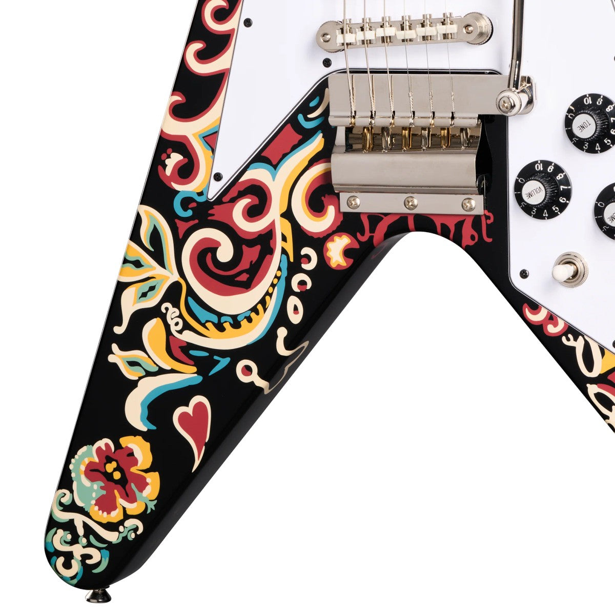 Guitarra eléctrica Epiphone Jimi Hendrix Love Drops Flying V detalle del arte del cuerpo | Armonía Musical México