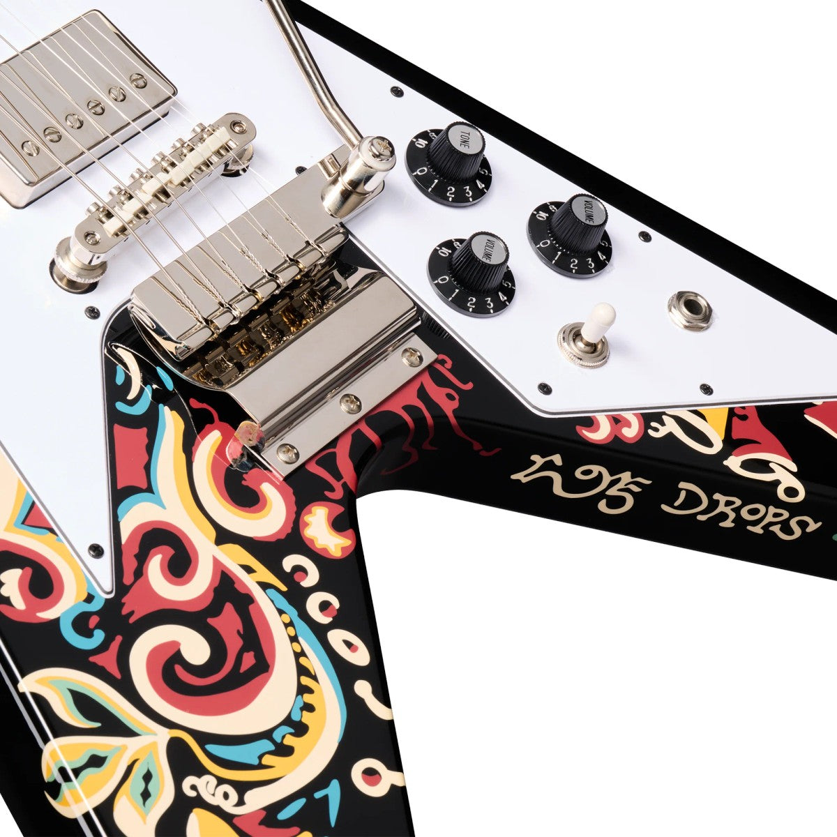 Guitarra eléctrica Epiphone Jimi Hendrix Love Drops Flying V detalle de controles | Armonía Musical México