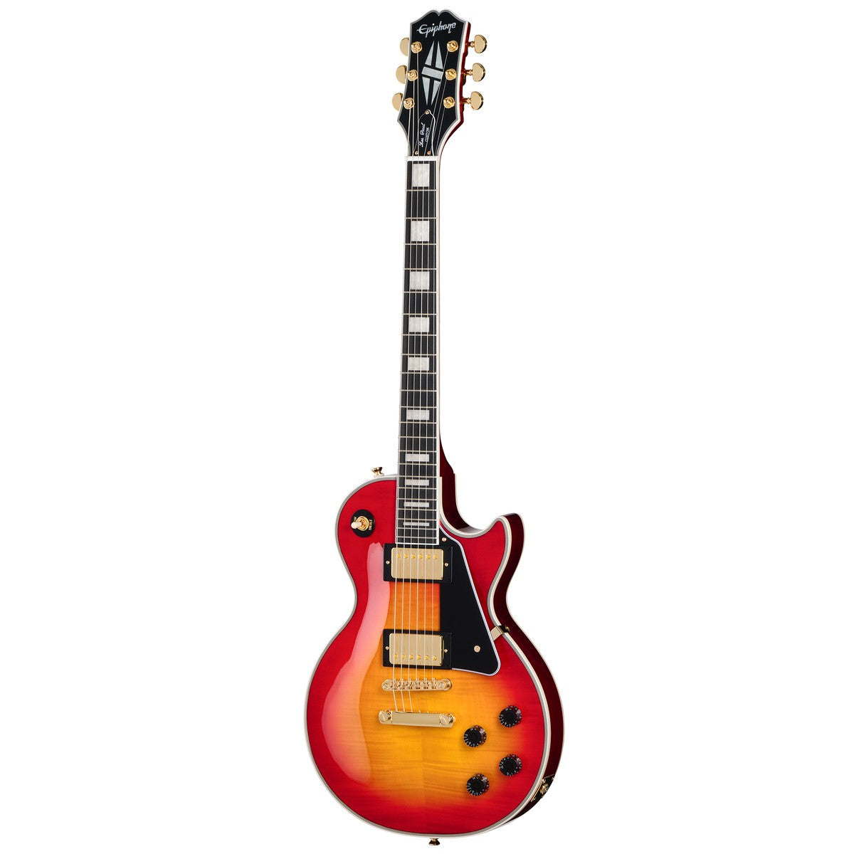 Guitarra eléctrica Epiphone Les Paul Custom Figured Heritage Cherry Sunburst vista frontal completa | Armonía Musical México