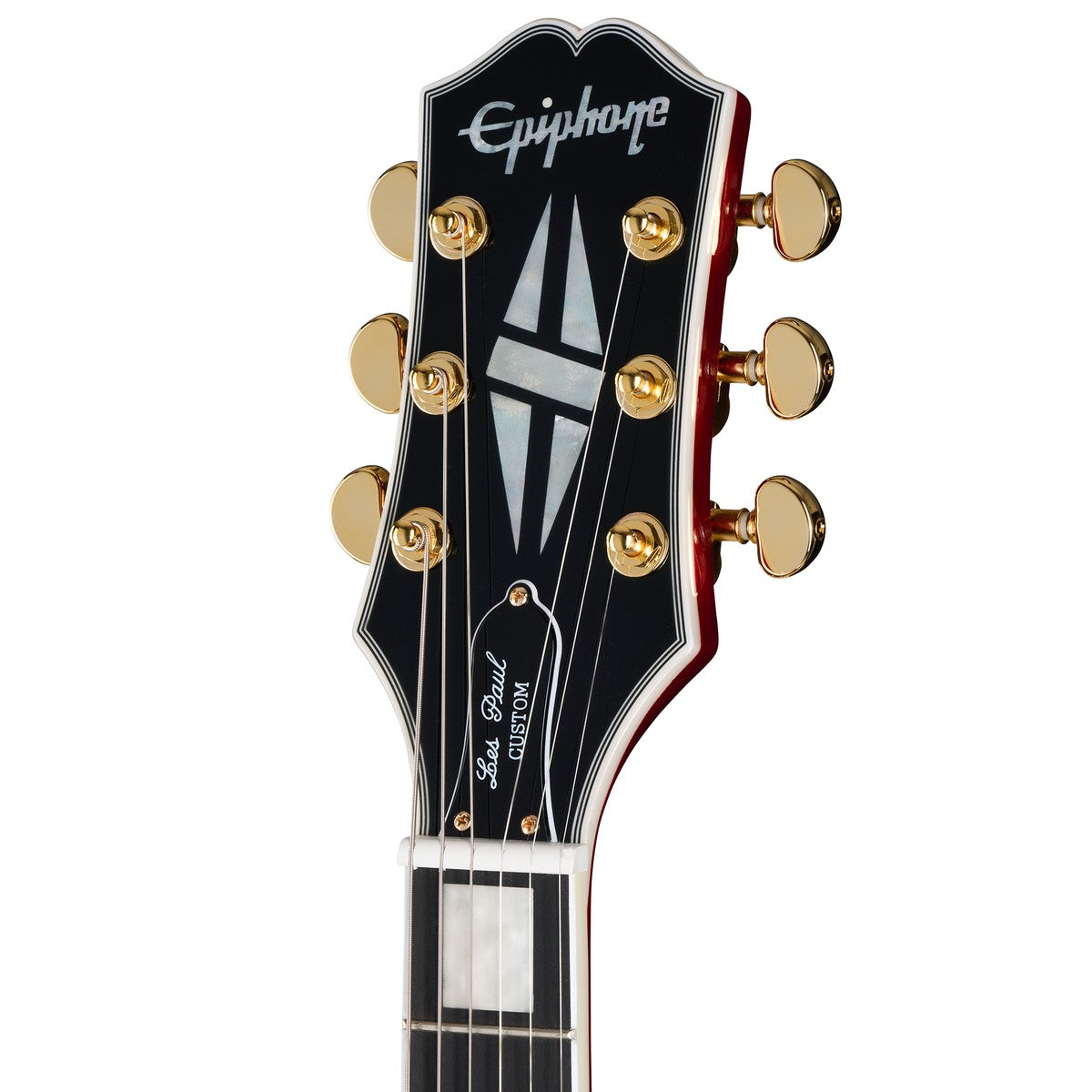 Epiphone Les Paul Custom Figured Heritage Cherry Sunburst clavijero frontal split diamond con afinadores dorados | Armonía Musical México