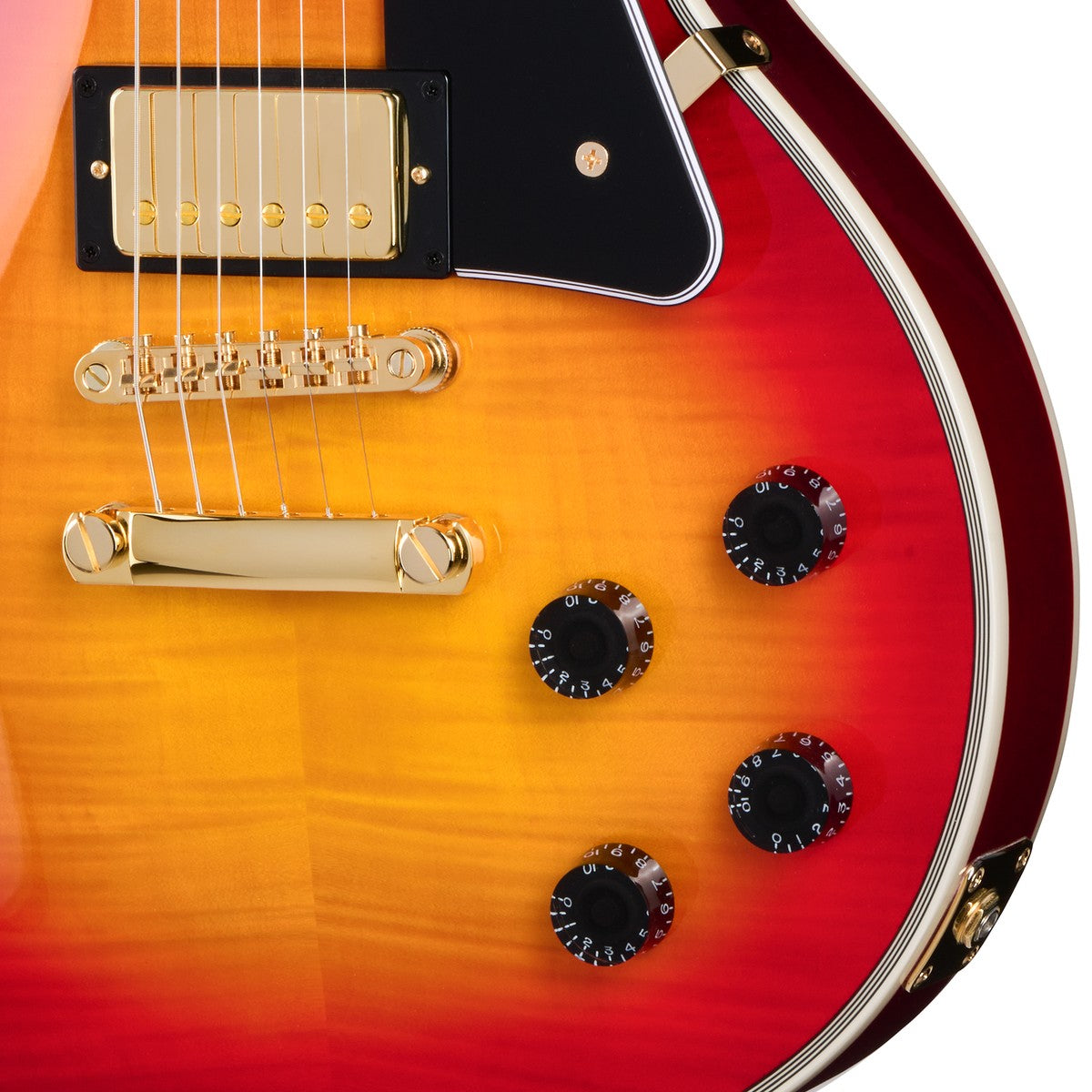 Epiphone Les Paul Custom Figured Heritage Cherry Sunburst detalle de controles, puente LockTone y pastillas ProBucker doradas | Armonía Musical México