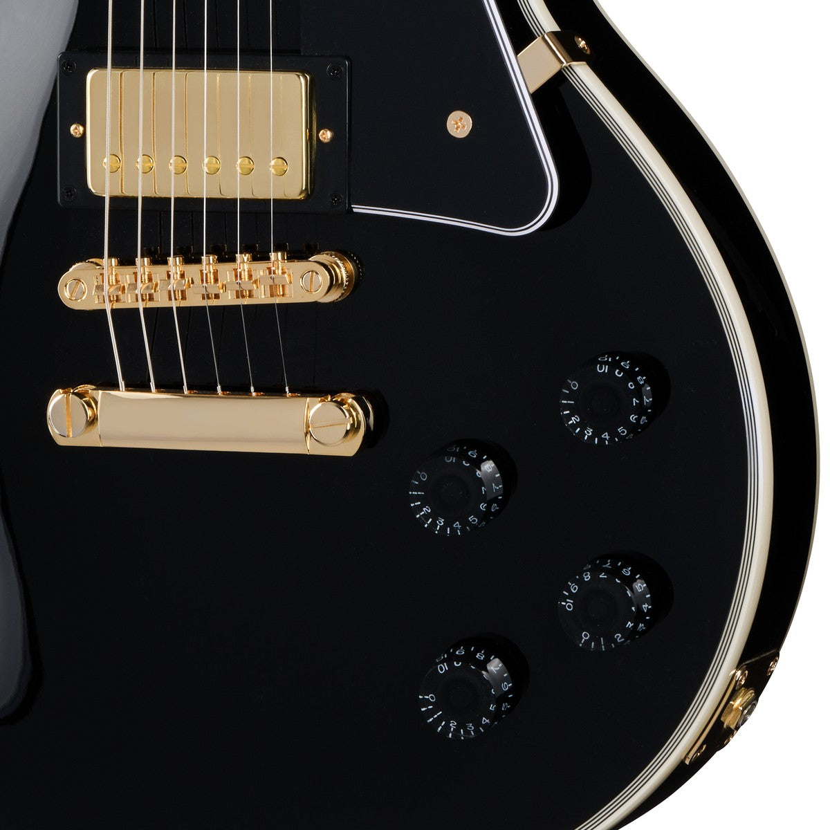 Epiphone Les Paul Custom Ebony detalle de controles, puente y pastillas doradas | Armonía Musical México