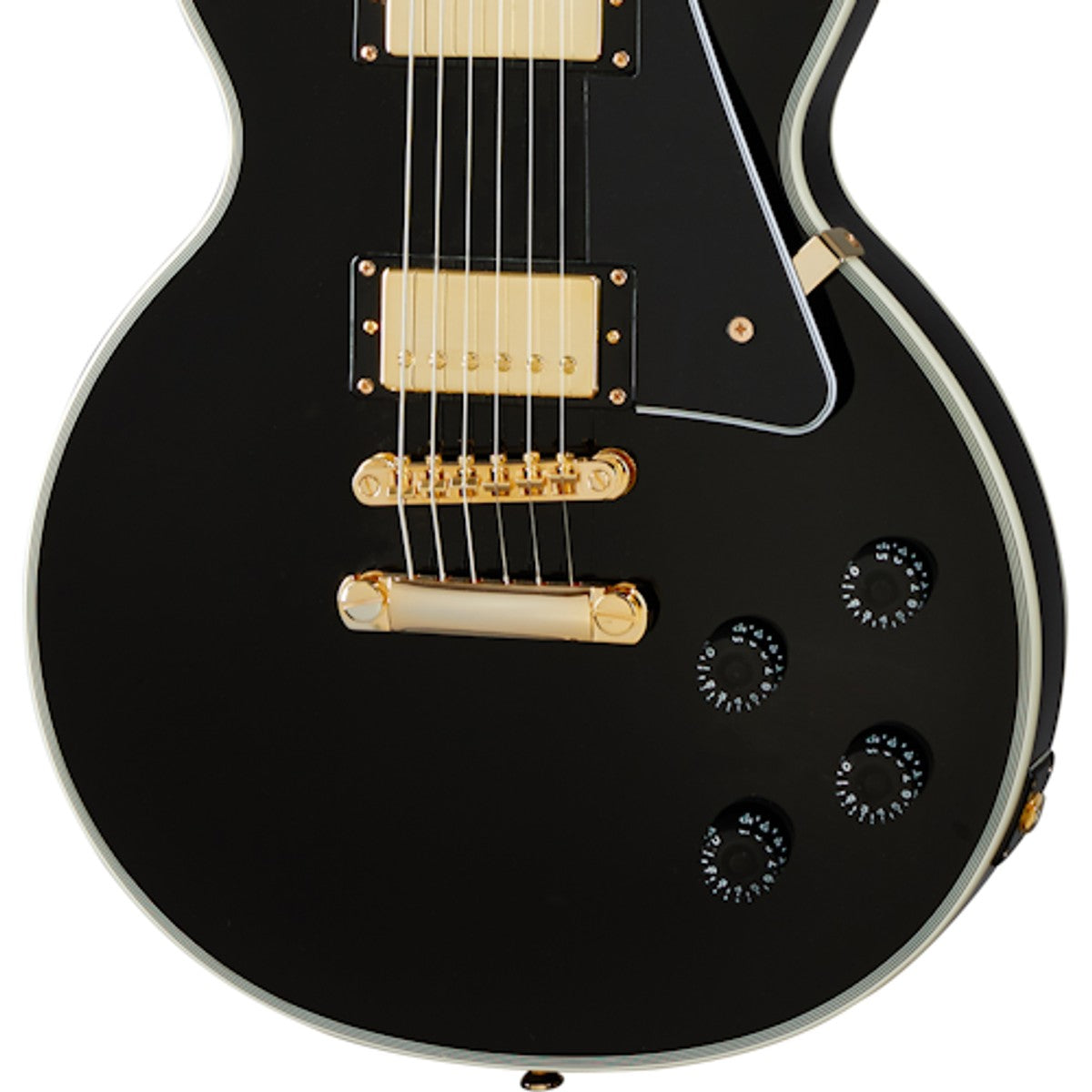 Epiphone Les Paul Custom Ebony detalle de herrajes dorados y puente LockTone | Armonía Musical México