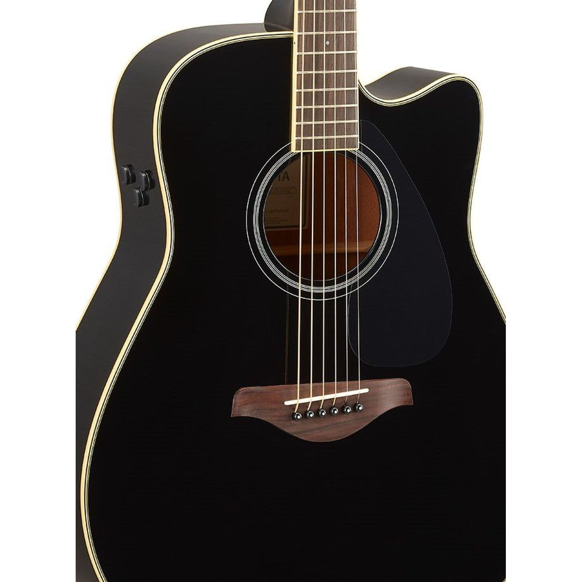 Guitarra TransAcoustic Yamaha FGC-TA cutaway Black detalle cuerpo y preamp | Armonía Musical México