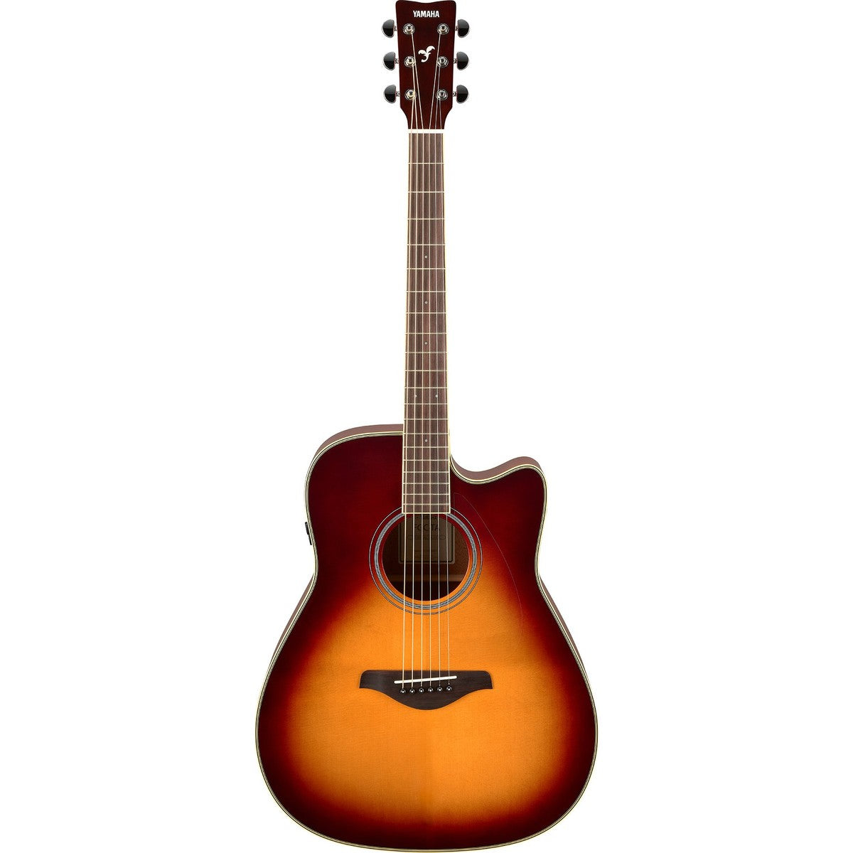 Guitarra TransAcoustic Yamaha FGC-TA cutaway Brown Sunburst vista frontal | Armonía Musical México