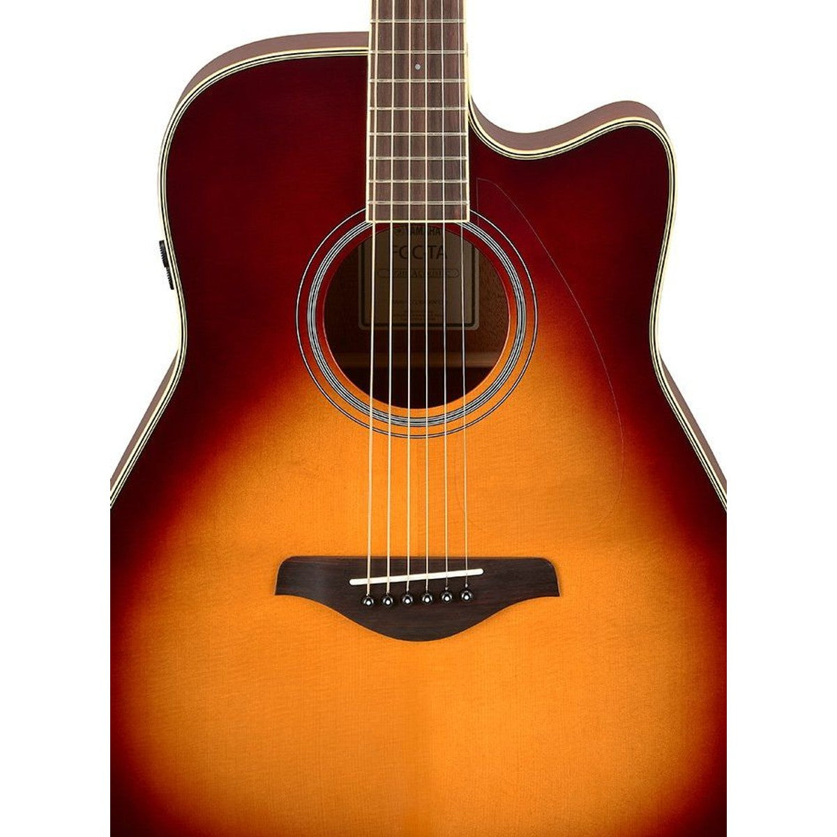 Guitarra TransAcoustic Yamaha FGC-TA cutaway Brown Sunburst detalle cuerpo y preamp | Armonía Musical México