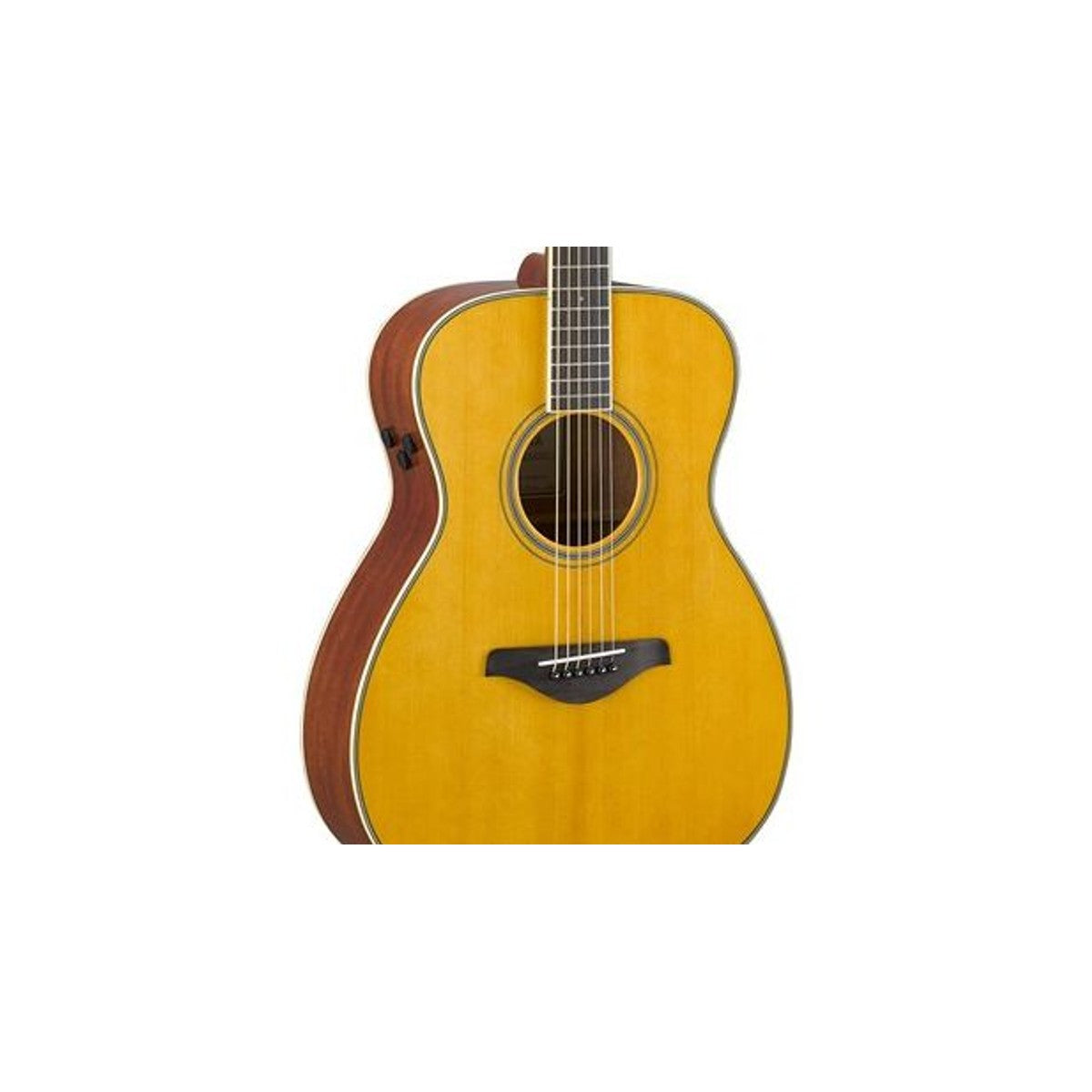 Guitarra TransAcoustic Yamaha FS-TA Vintage Tint detalle cuerpo y preamp | Armonía Musical México