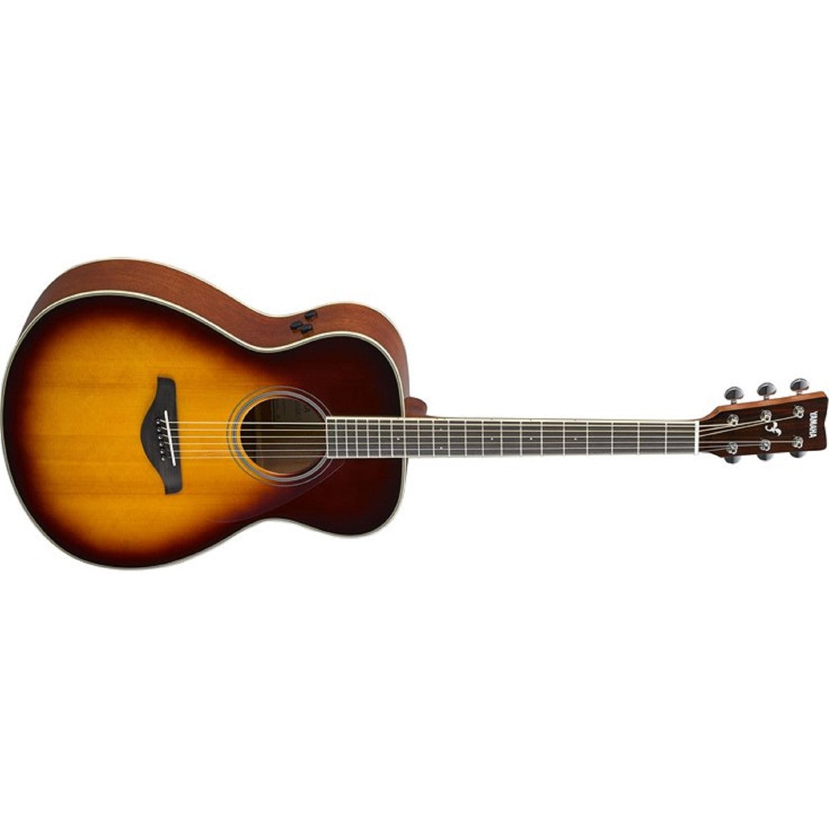 Guitarra TransAcoustic Yamaha FS-TA Brown Sunburst vista en ángulo | Armonía Musical México