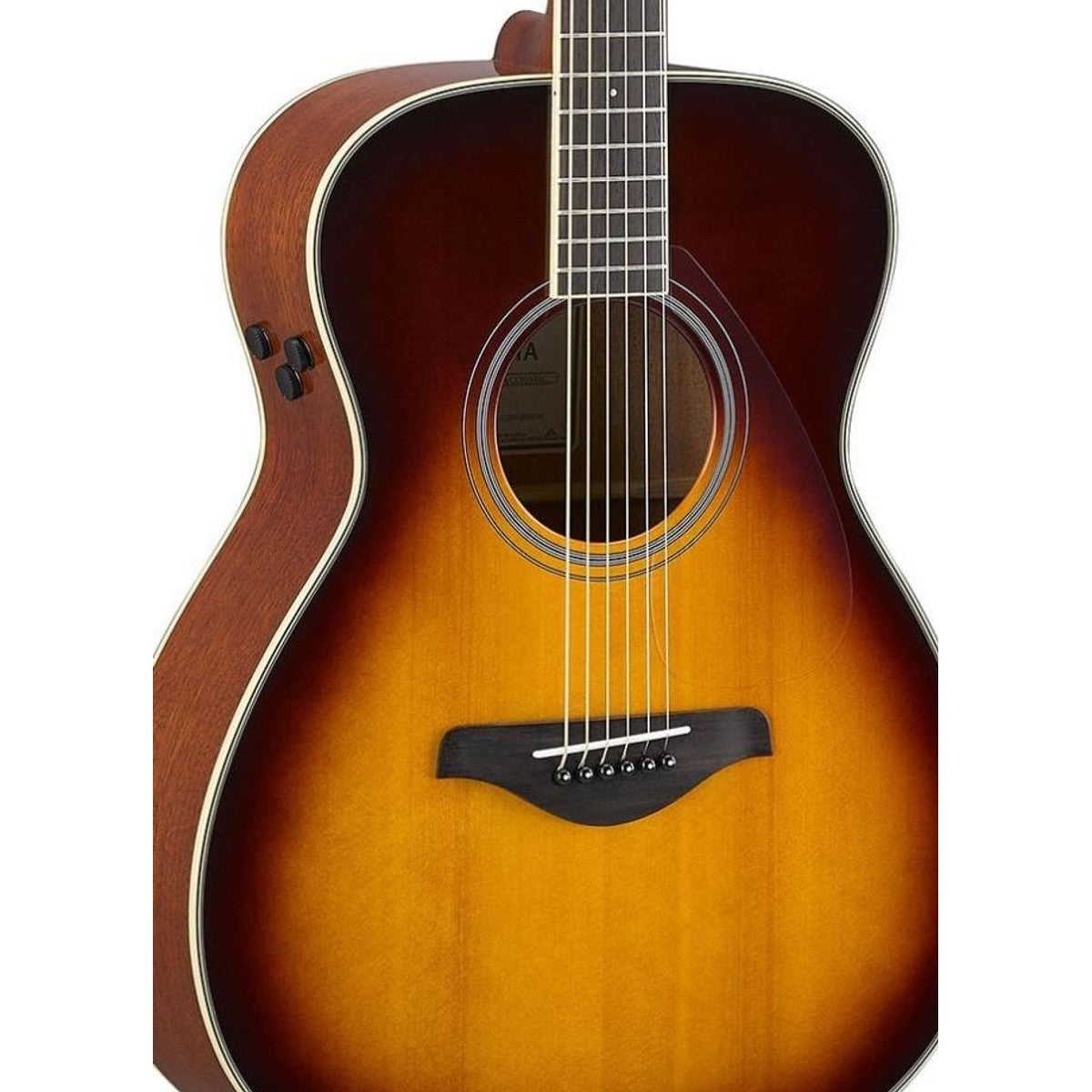 Guitarra TransAcoustic Yamaha FS-TA Brown Sunburst detalle cuerpo y preamp | Armonía Musical México