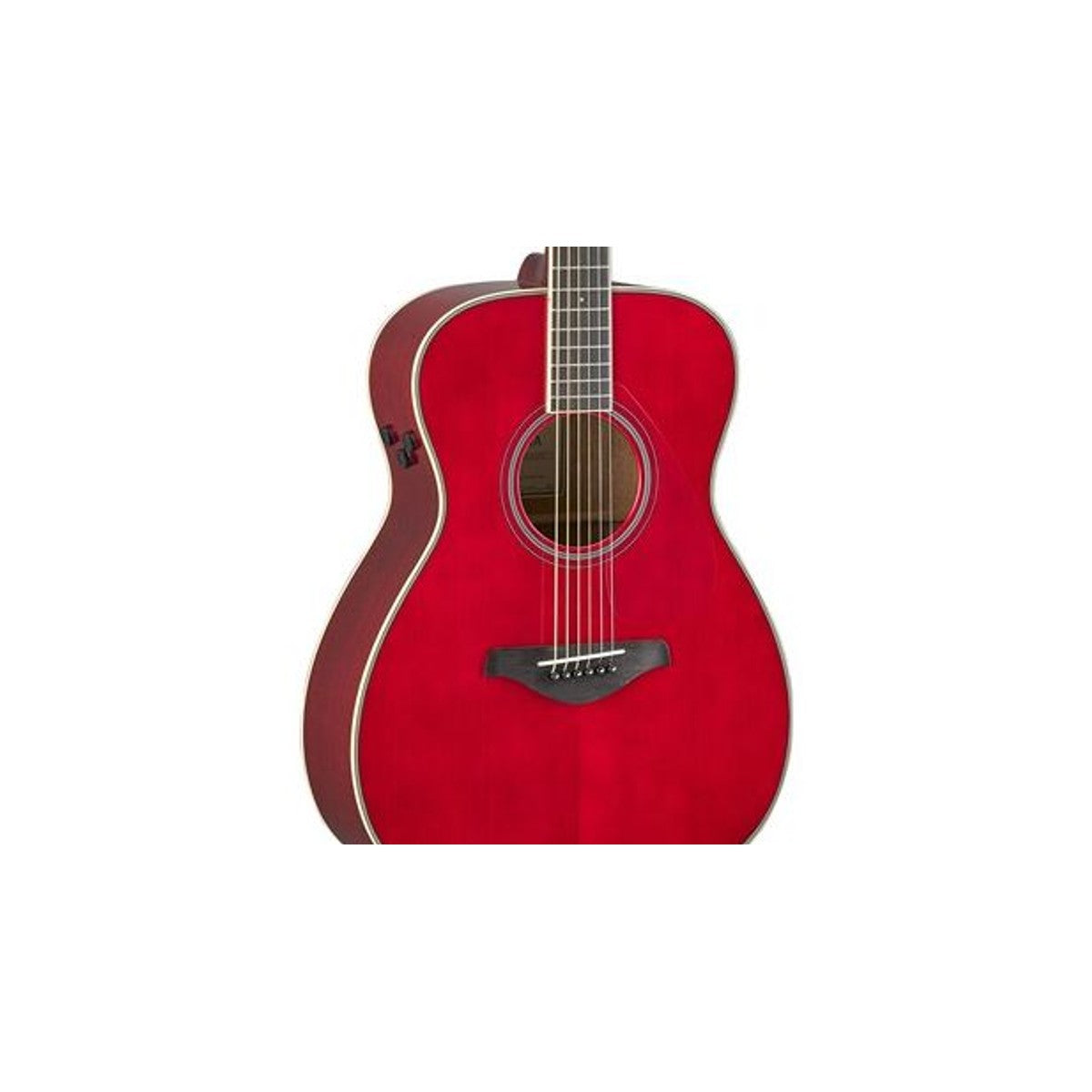 Guitarra TransAcoustic Yamaha FS-TA Ruby Red detalle cuerpo y preamp | Armonía Musical México