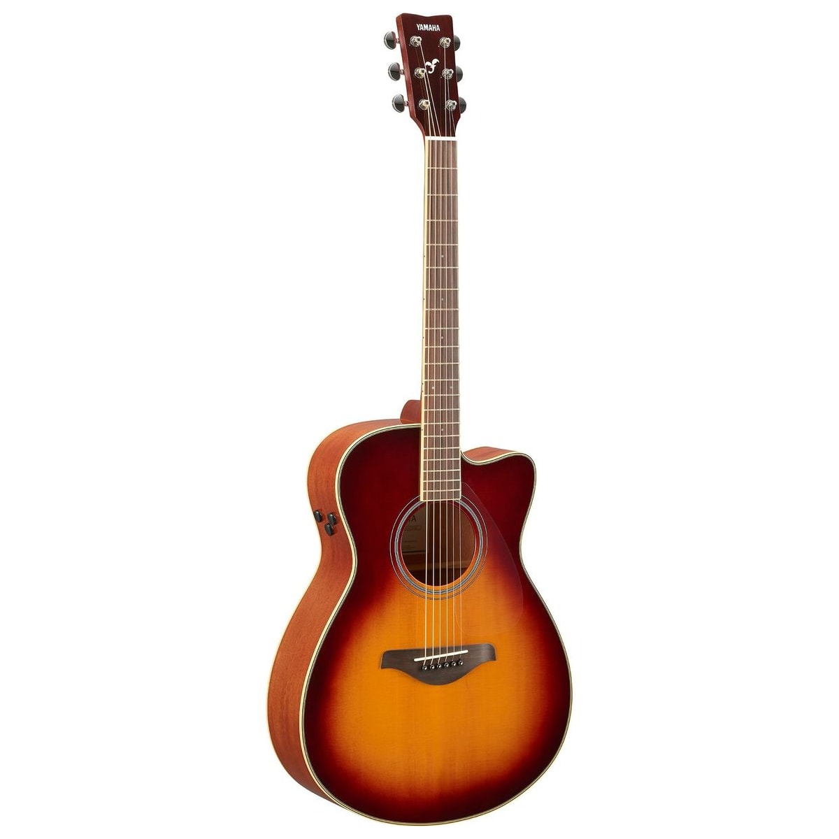 Guitarra TransAcoustic Yamaha FSC-TA cutaway Brown Sunburst vista en ángulo | Armonía Musical México