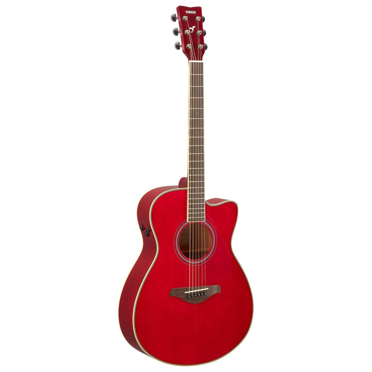 Guitarra TransAcoustic Yamaha FSC-TA cutaway Ruby Red vista en ángulo | Armonía Musical México