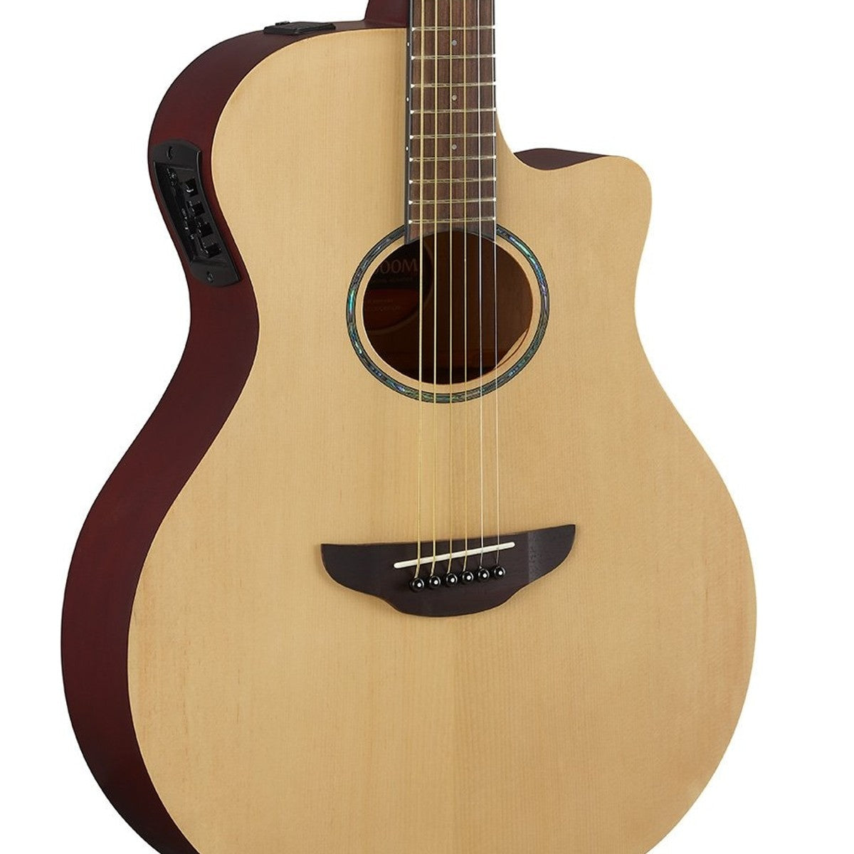 Guitarra Yamaha APX600M natural satin detalle cuerpo | Armonía Musical México