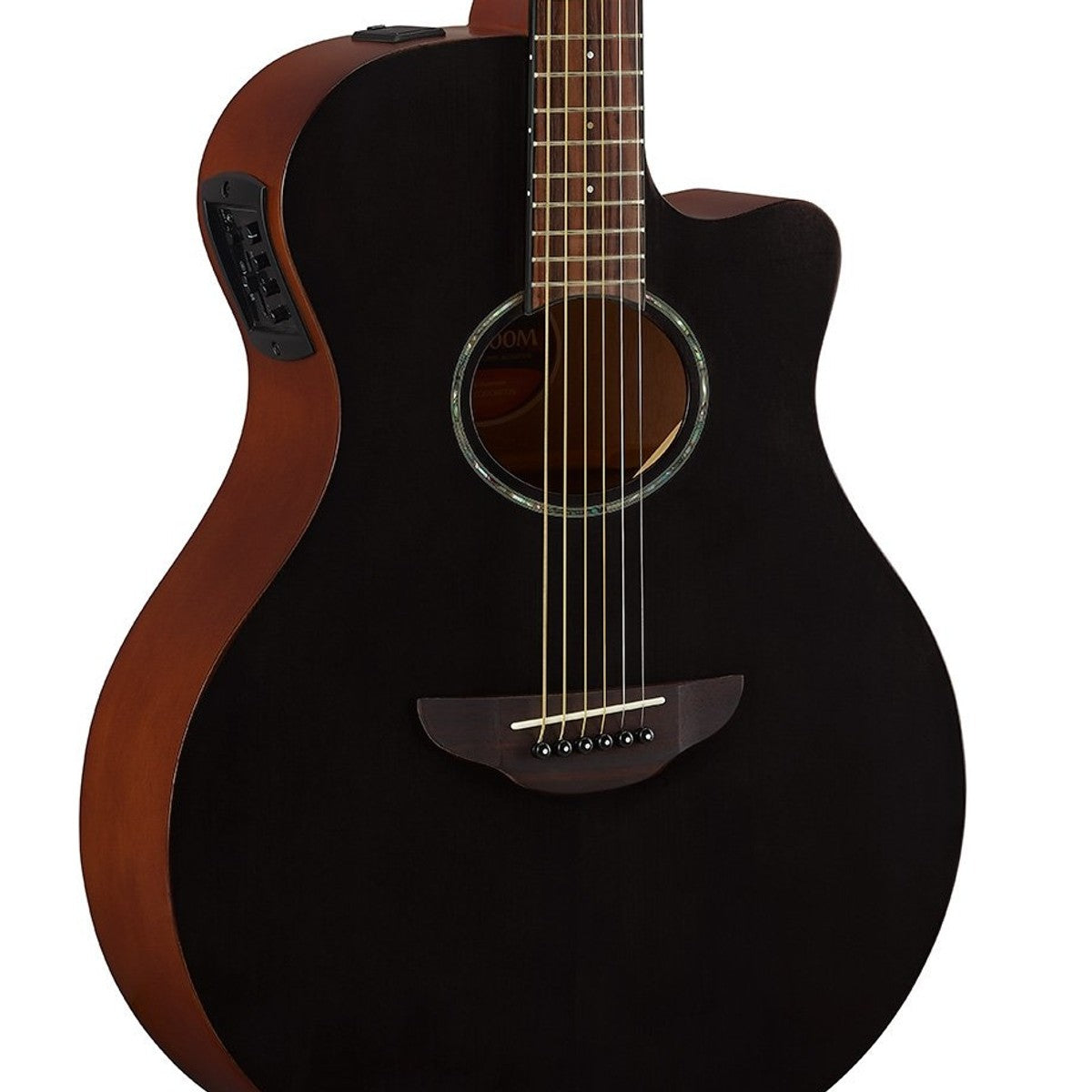 Guitarra Yamaha APX600M smoky black detalle cuerpo | Armonía Musical México