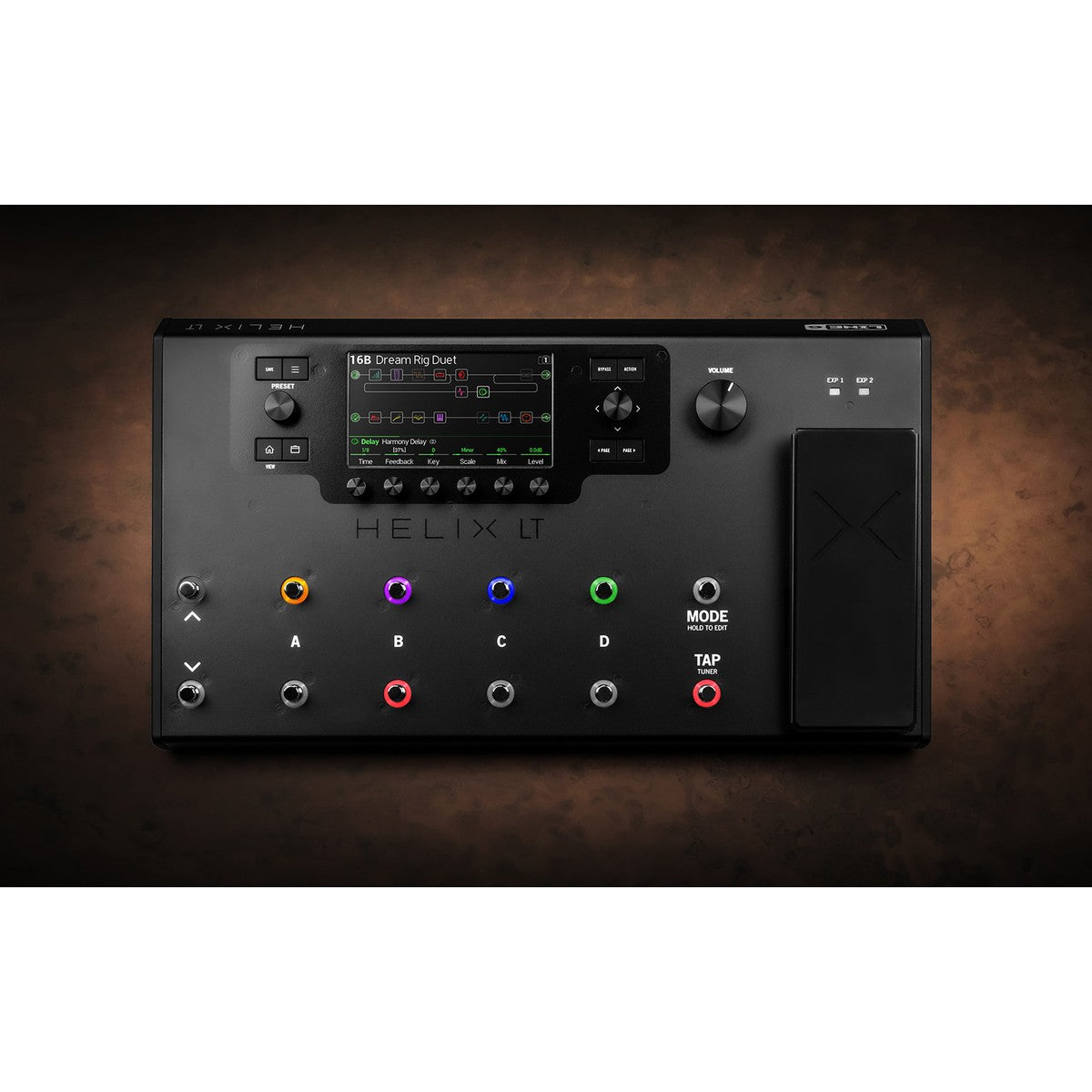 Pedalera multiefectos Line 6 Helix LT procesador de guitarra vista en ángulo | Armonía Musical México