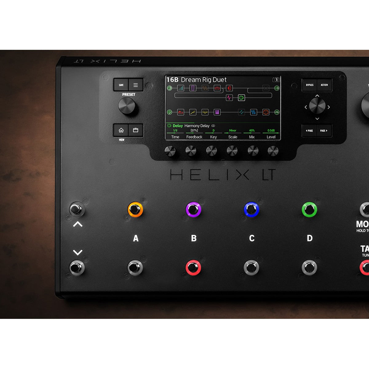 Pedalera multiefectos Line 6 Helix LT procesador de guitarra detalle pantalla y controles | Armonía Musical México