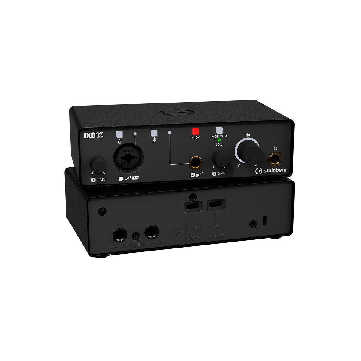 Interfaz de audio Steinberg IXO12 negra frente y panel trasero | Armonía Musical México