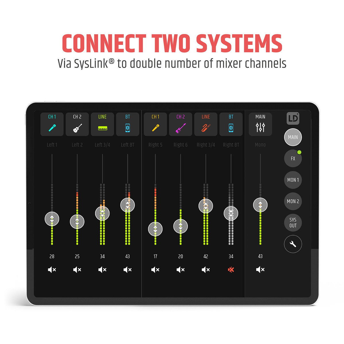 Sistema de audio LD Systems MAUI 28 G3 MIX app conectando dos sistemas por SysLink | Armonía Musical México