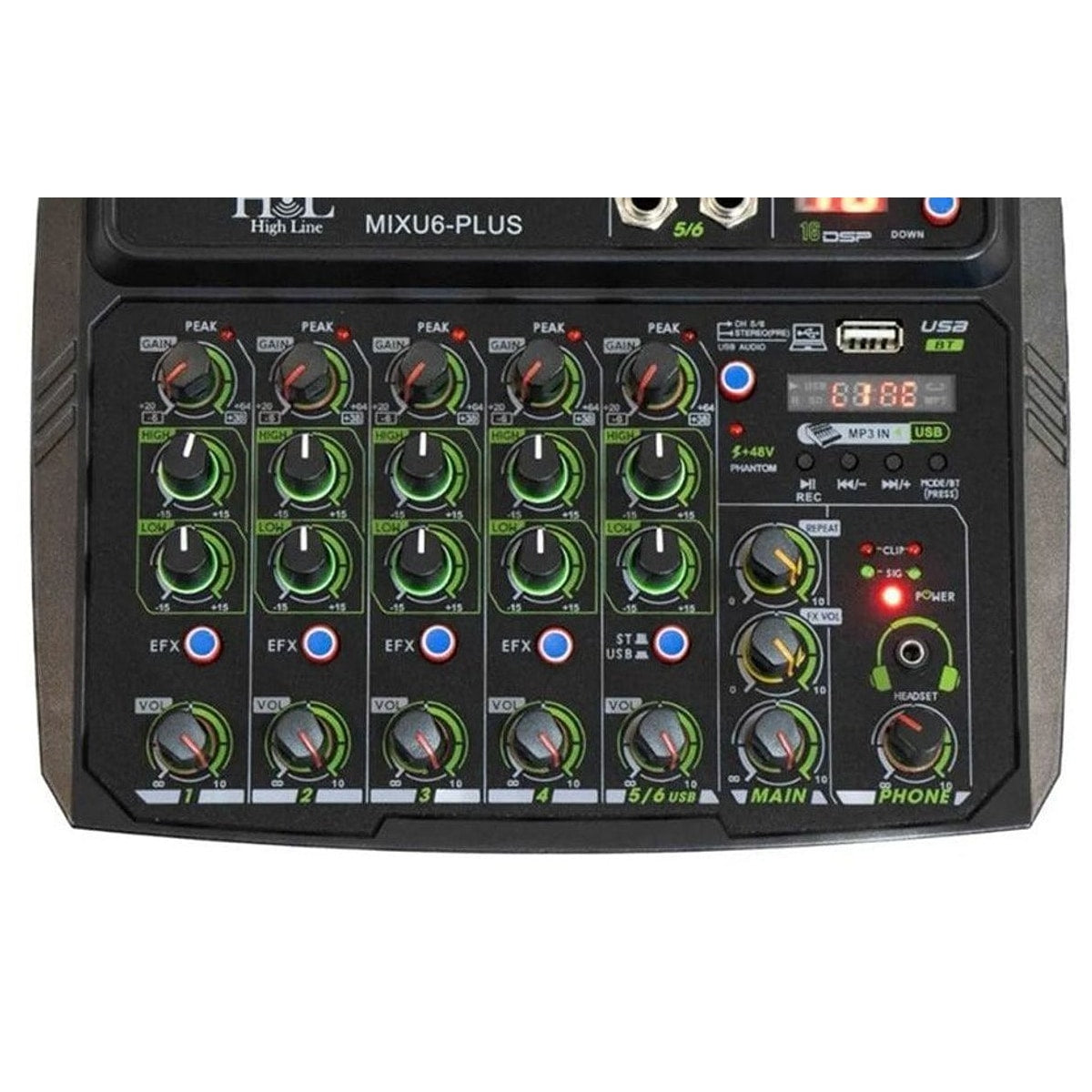 Mezcladora High Line MIXU6-Plus 6 Canales detalle | Armonía Musical México