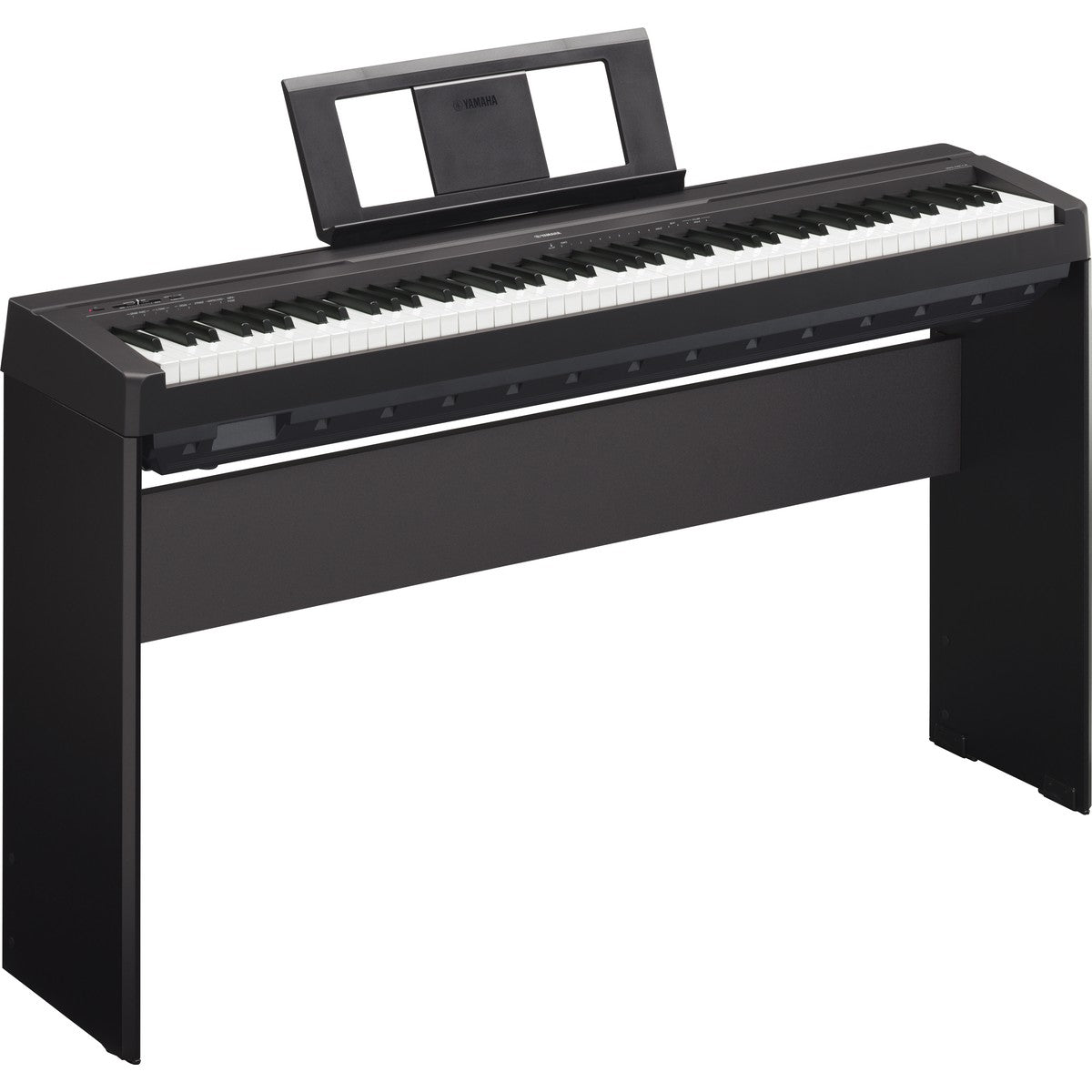 Piano digital Yamaha P45 negro vista angular teclado | Armonía Musical México