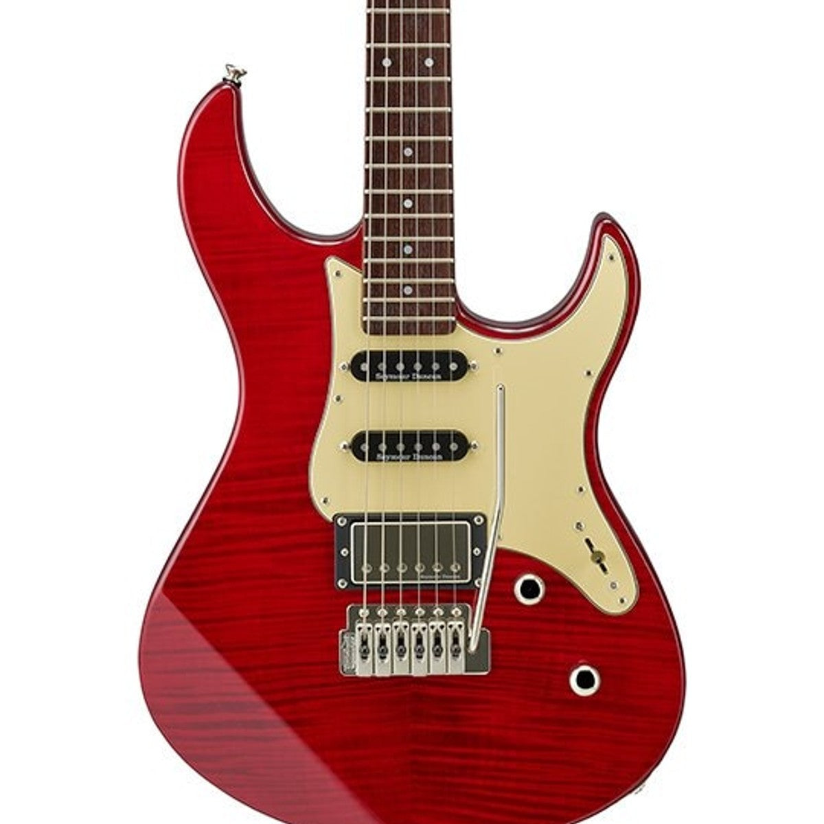 Guitarra eléctrica Yamaha PAC612VIIFMX Pacifica Fired Red detalle cuerpo flame maple | Armonía Musical México