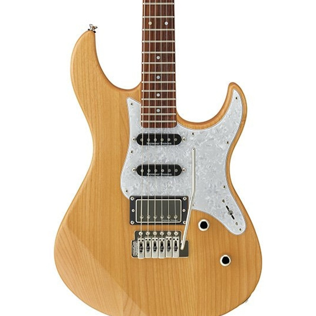 Guitarra eléctrica Yamaha PAC612VIIX Pacifica Yellow Natural Satin detalle cuerpo y pastillas | Armonía Musical México