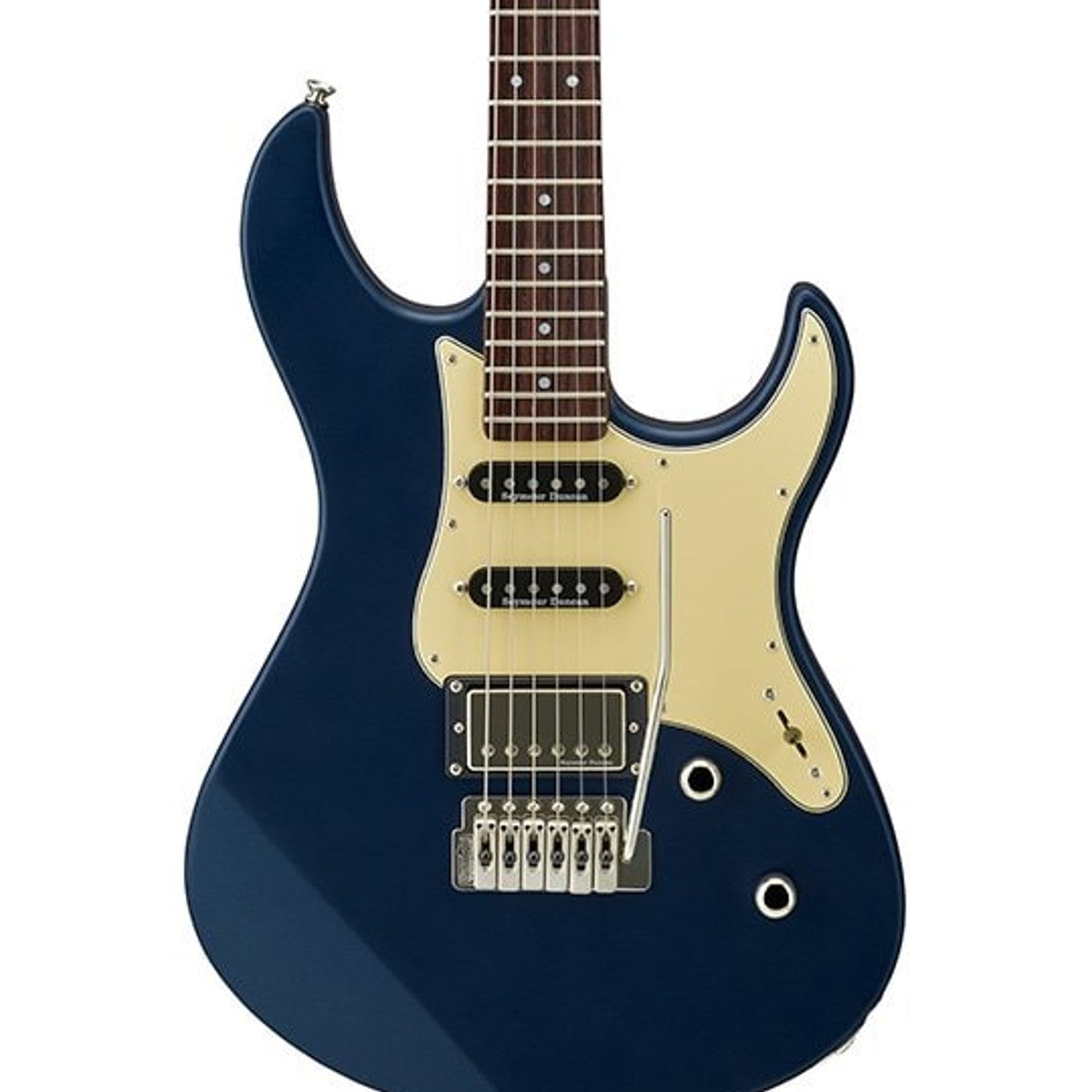 Guitarra eléctrica Yamaha PAC612VIIX Pacifica Matte Silk Blue detalle cuerpo y pastillas | Armonía Musical México