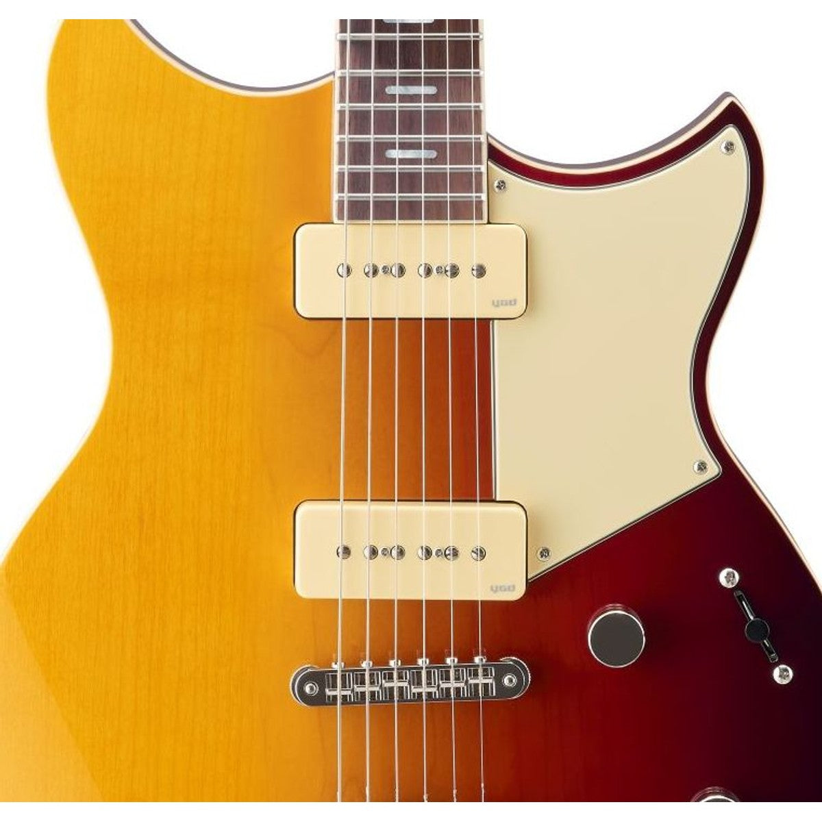 Guitarra eléctrica Yamaha Revstar RSS02T P90 Sunset Burst detalle pastillas | Armonía Musical México