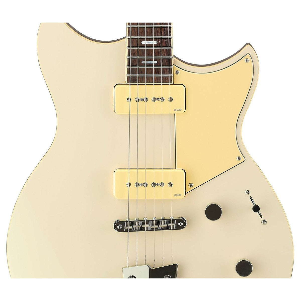 Guitarra eléctrica Yamaha Revstar RSS02T P90 Vintage White detalle pastillas | Armonía Musical México