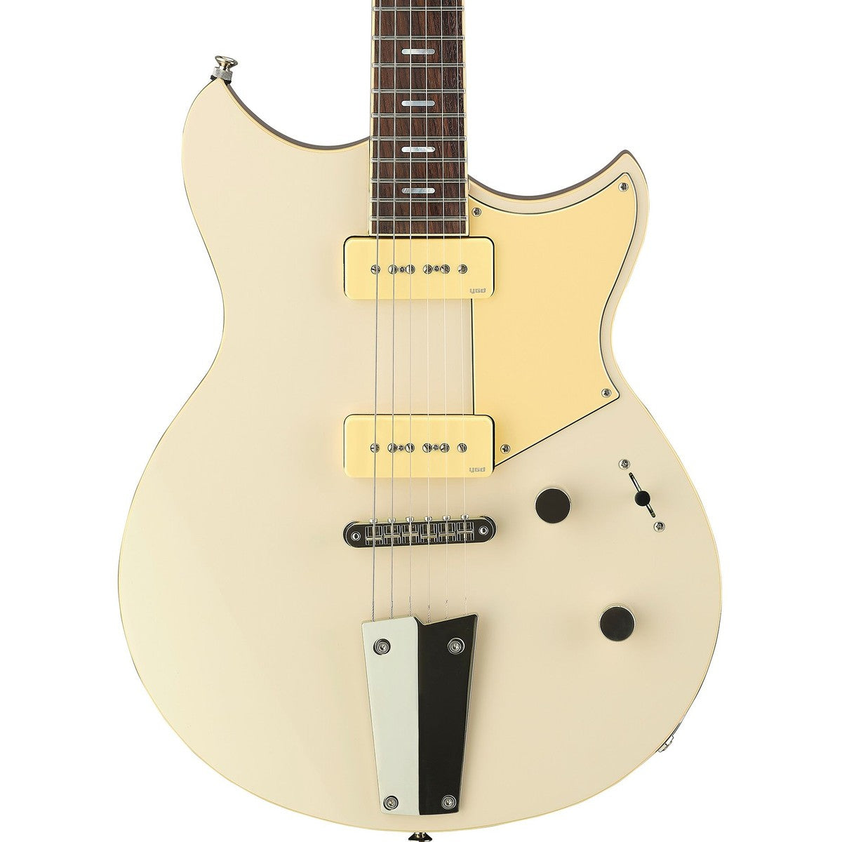 Guitarra eléctrica Yamaha Revstar RSS02T P90 Vintage White detalle cuerpo | Armonía Musical México