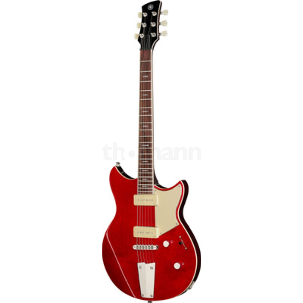 Guitarra eléctrica Yamaha Revstar RSS02T P90 Fired Red vista en ángulo | Armonía Musical México