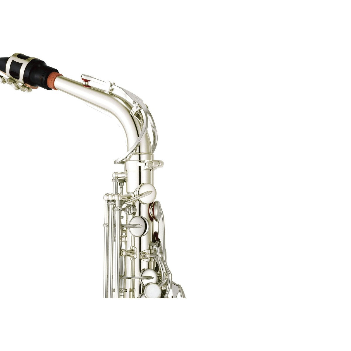 Saxofón alto Yamaha YAS-280S plateado detalle boquilla y tudel | Armonía Musical México