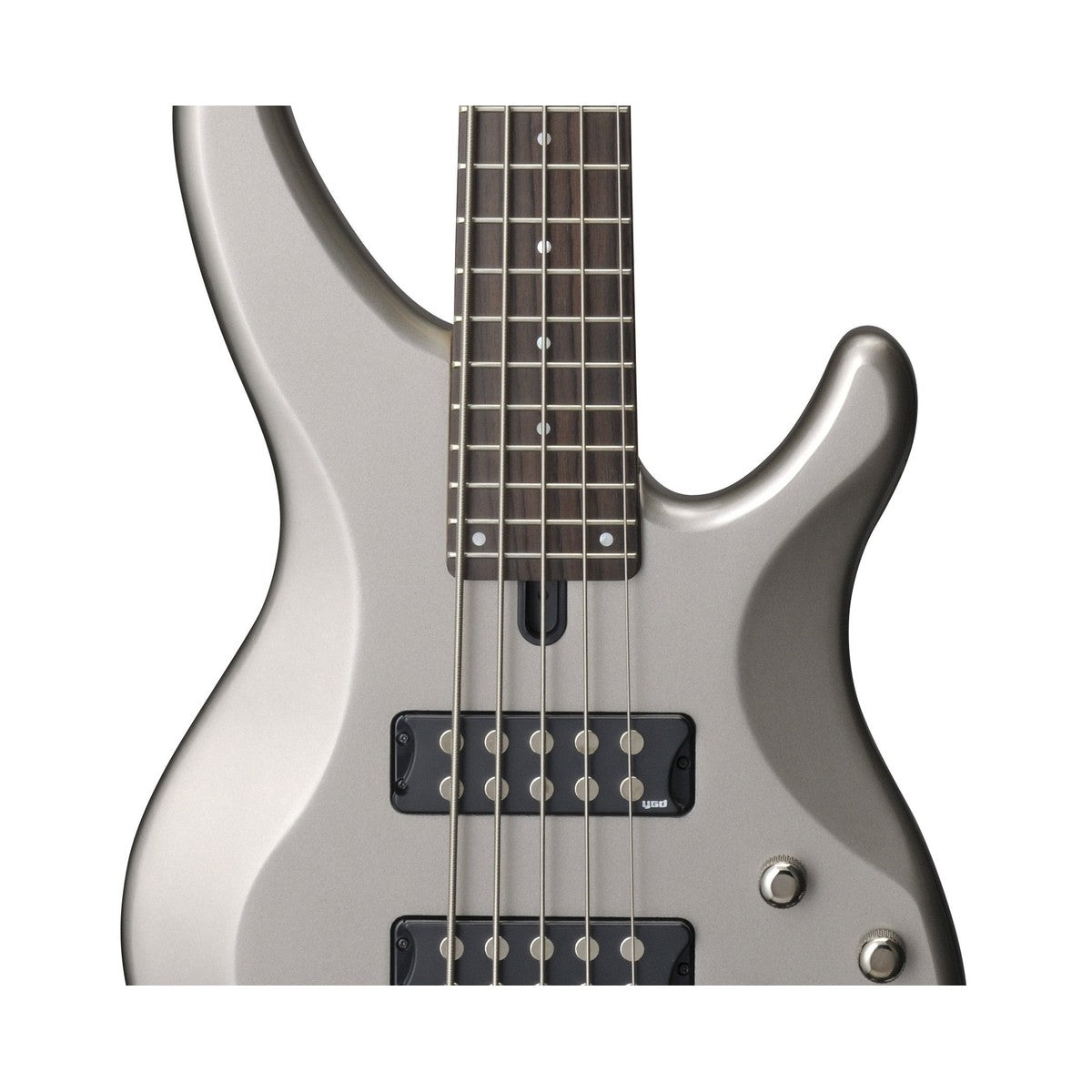 Bajo eléctrico Yamaha TRBX305 5 cuerdas activo Pewter detalle electrónica | Armonía Musical México