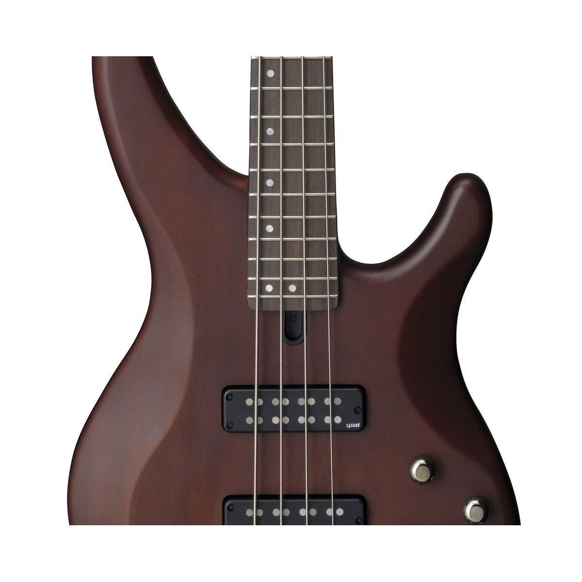 Bajo eléctrico Yamaha TRBX504 4 cuerdas activo pasivo Translucent Brown detalle electrónica | Armonía Musical México