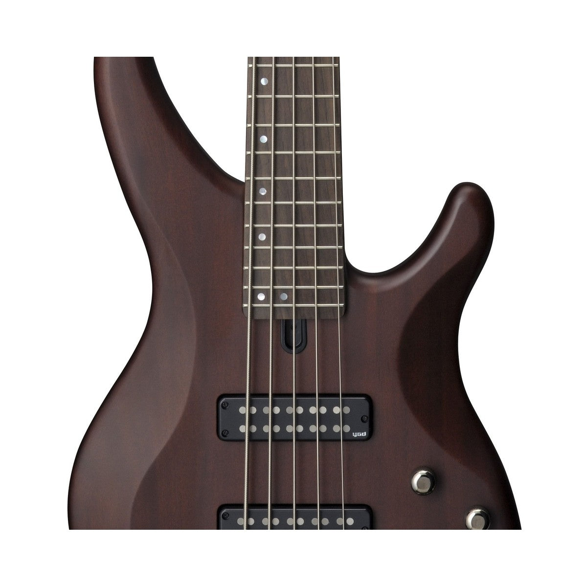 Bajo eléctrico Yamaha TRBX505 5 cuerdas activo pasivo Translucent Brown detalle electrónica | Armonía Musical México