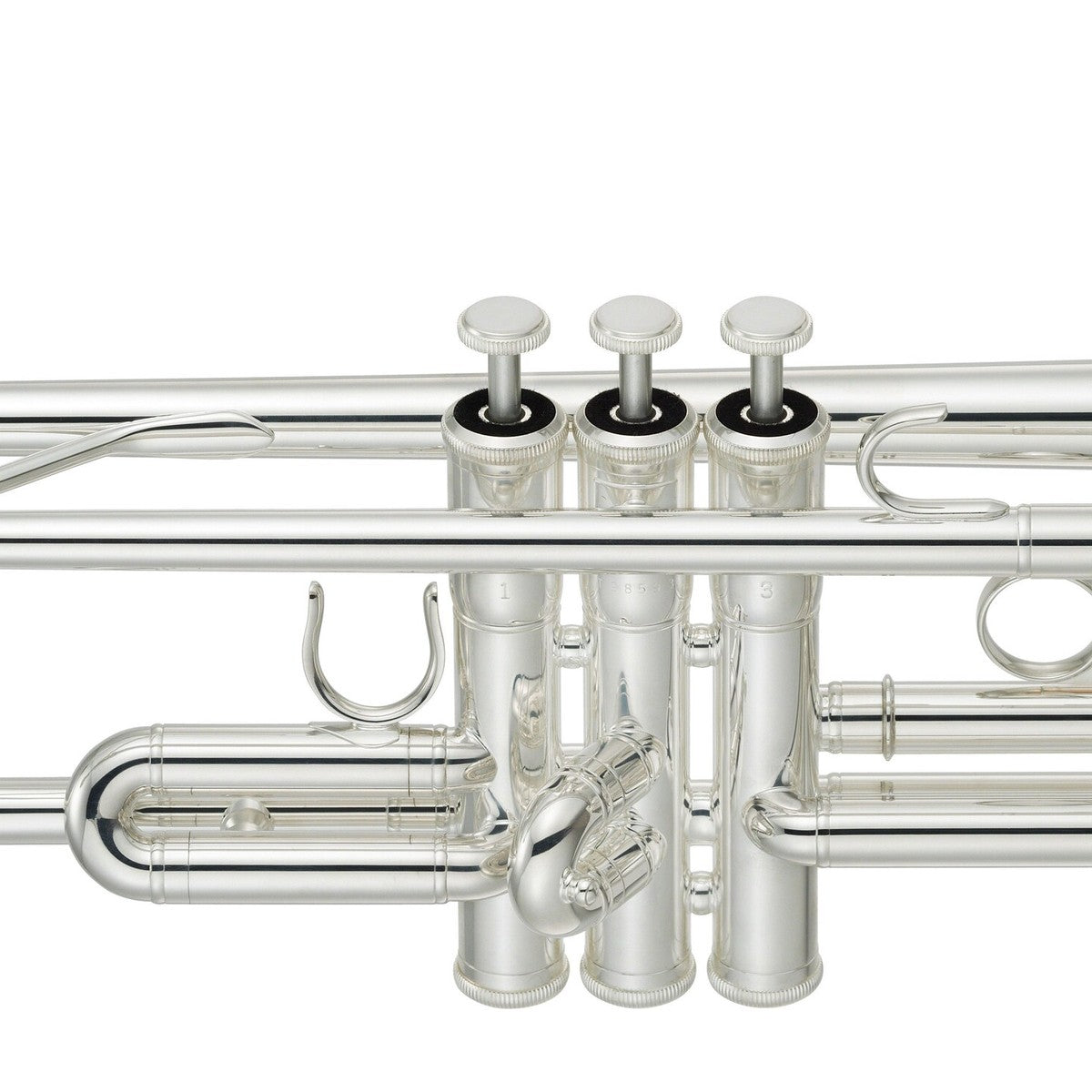 Trompeta Yamaha YTR-3335S plateada detalle válvulas y bombas | Armonía Musical México