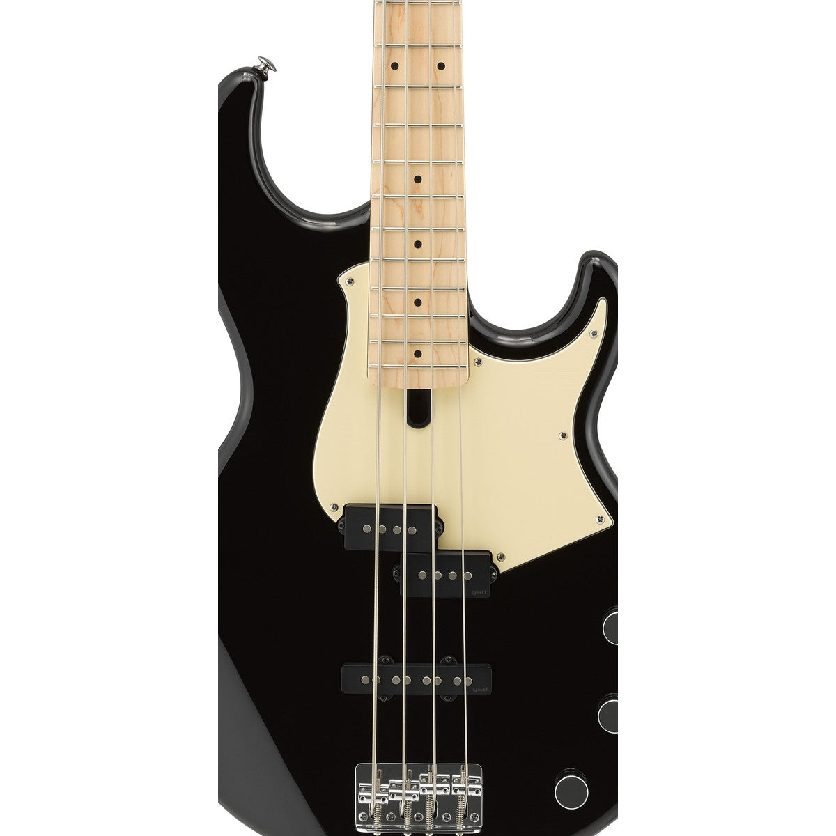 Bajo eléctrico Yamaha BB434M diapasón maple negro detalle cuerpo y pastillas | Armonía Musical México