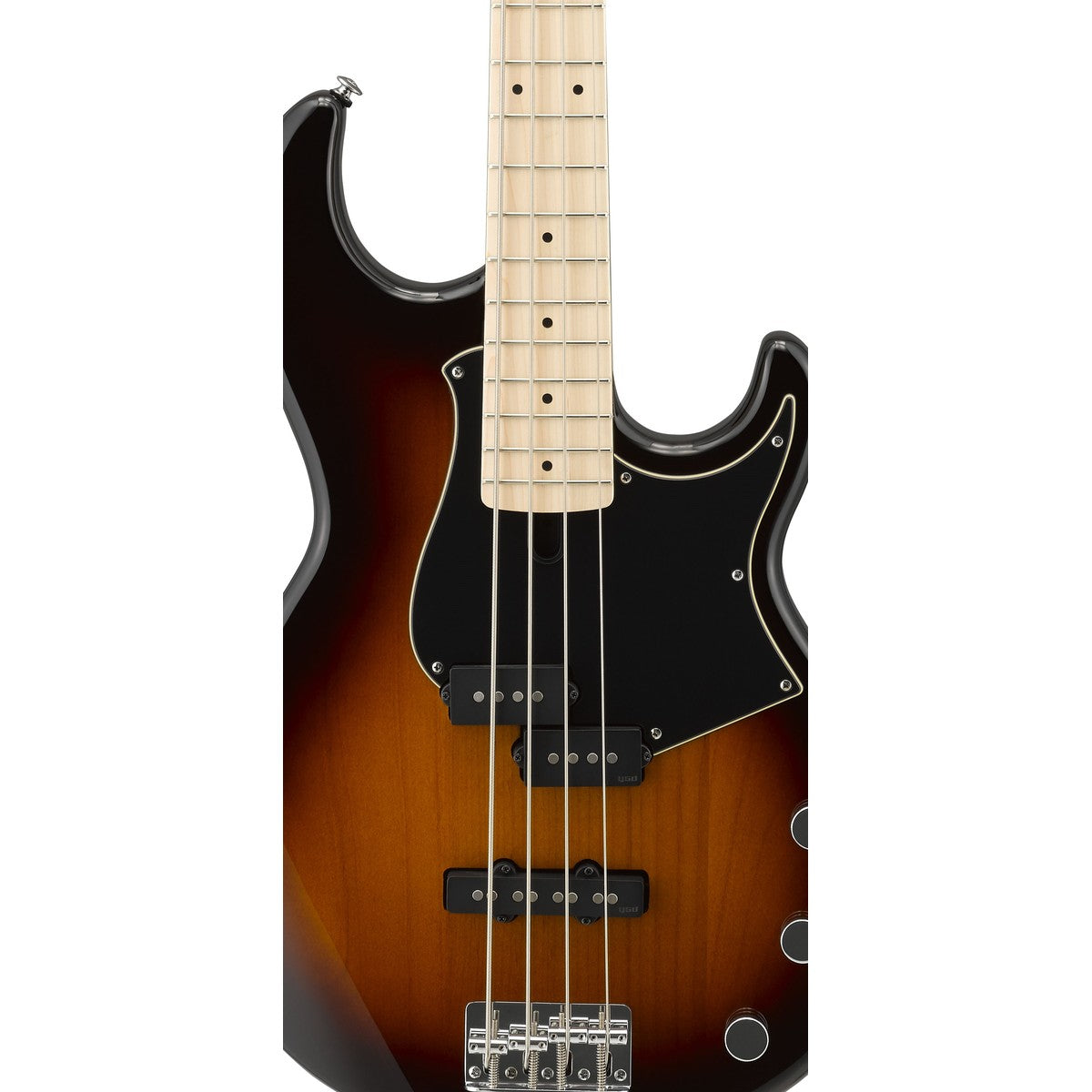 Bajo eléctrico Yamaha BB434M maple tobacco brown sunburst detalle cuerpo y pastillas | Armonía Musical México
