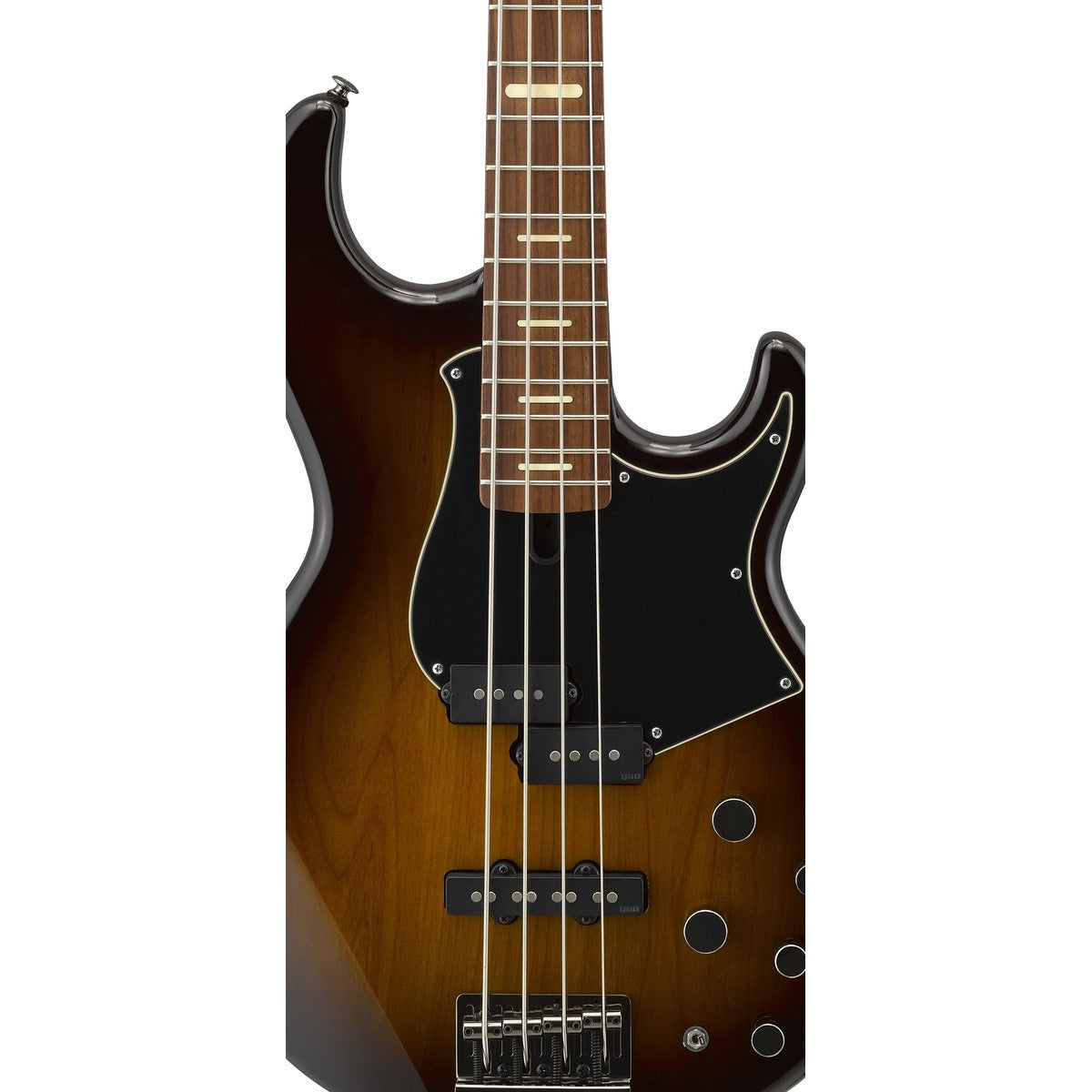 Bajo eléctrico Yamaha BB734A dark coffee sunburst detalle cuerpo y pastillas YGD | Armonía Musical México
