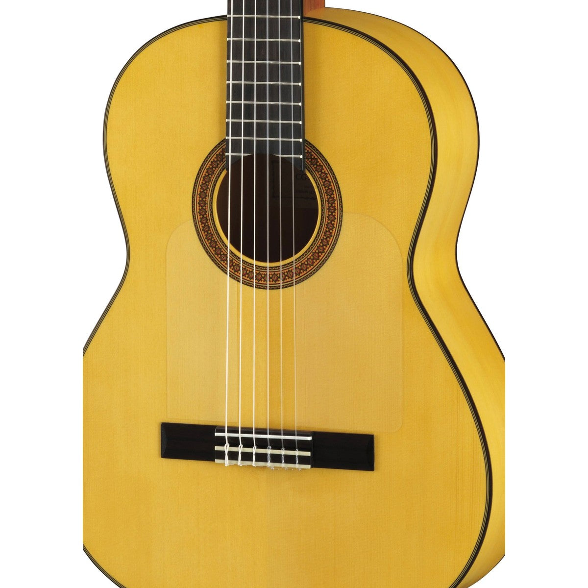 Guitarra flamenca Yamaha CG182SF tapa sólida abeto ciprés detalle cuerpo y golpeador | Armonía Musical México